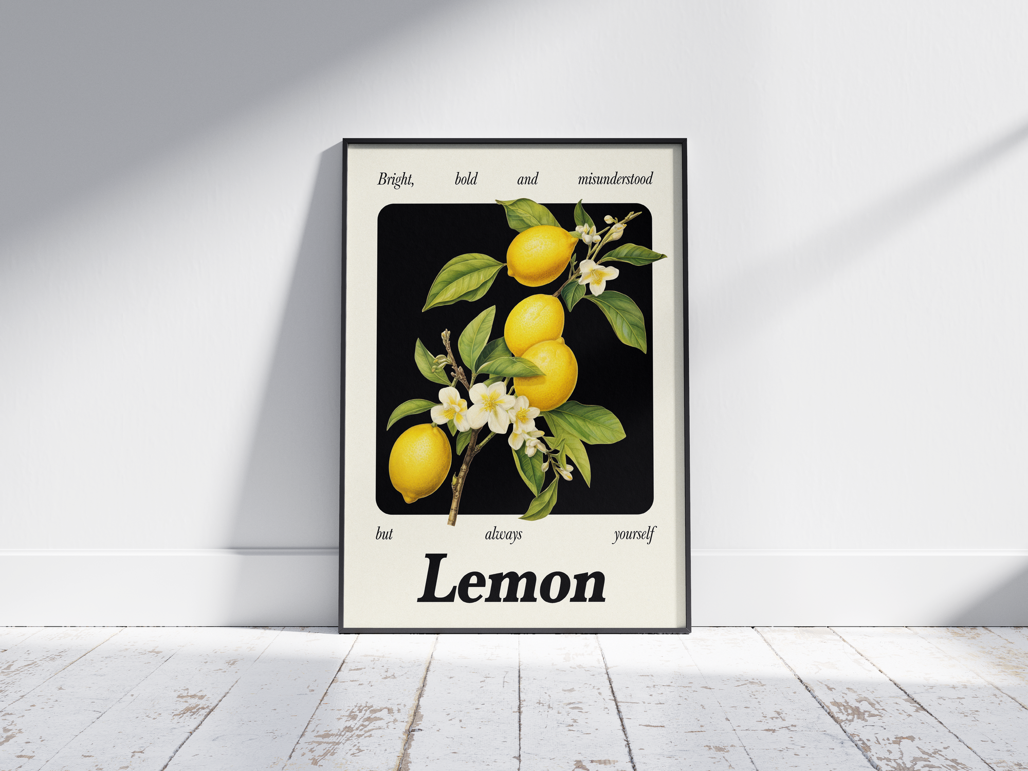 Minimalist botanical lemon poster featuring a detailed fruit illustration and an empowering quote, printed on semi-gloss sustainable paper. Perfect wall art for kitchens, dining areas, or modern interiors with a bright and authentic aesthetic.