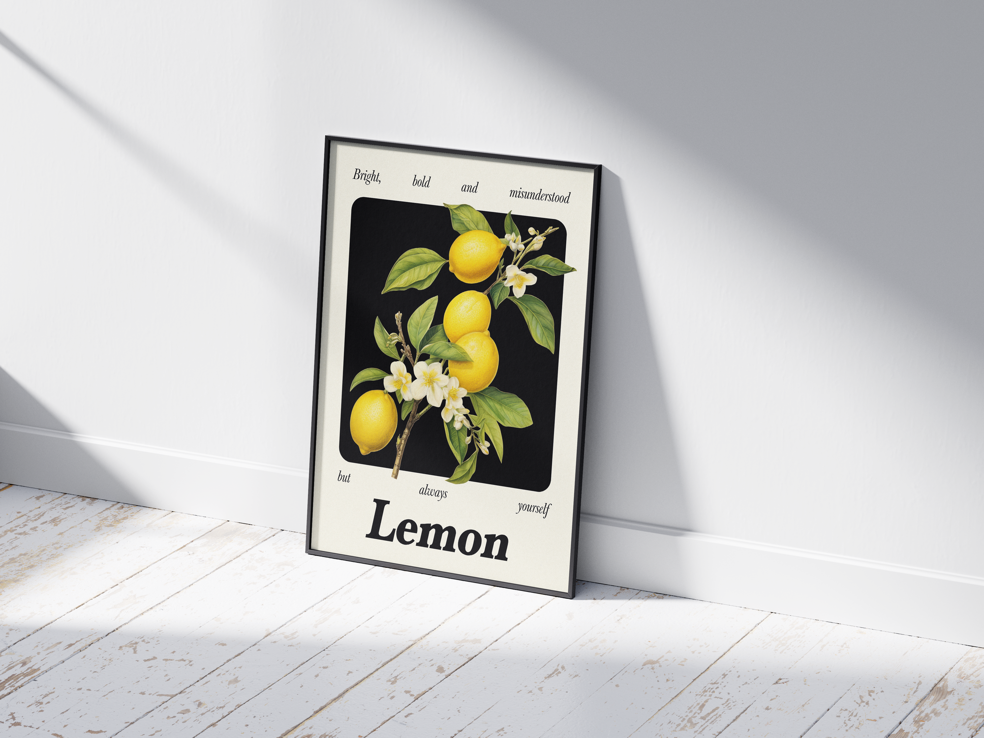 Minimalist botanical lemon poster featuring a detailed fruit illustration and an empowering quote, printed on semi-gloss sustainable paper. Perfect wall art for kitchens, dining areas, or modern interiors with a bright and authentic aesthetic.