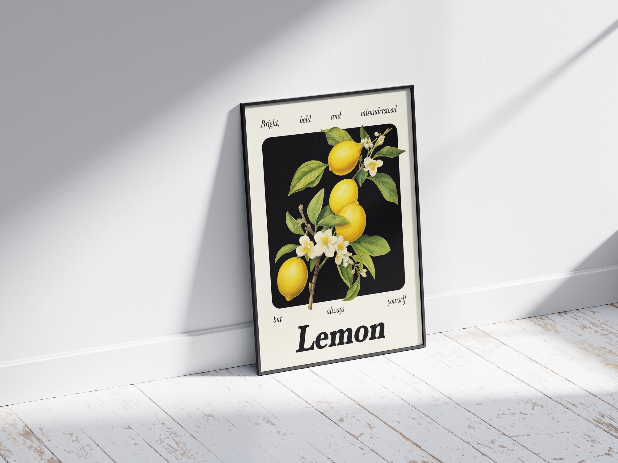 Minimalist botanical lemon poster featuring a detailed fruit illustration and an empowering quote, printed on semi-gloss sustainable paper. Perfect wall art for kitchens, dining areas, or modern interiors with a bright and authentic aesthetic.