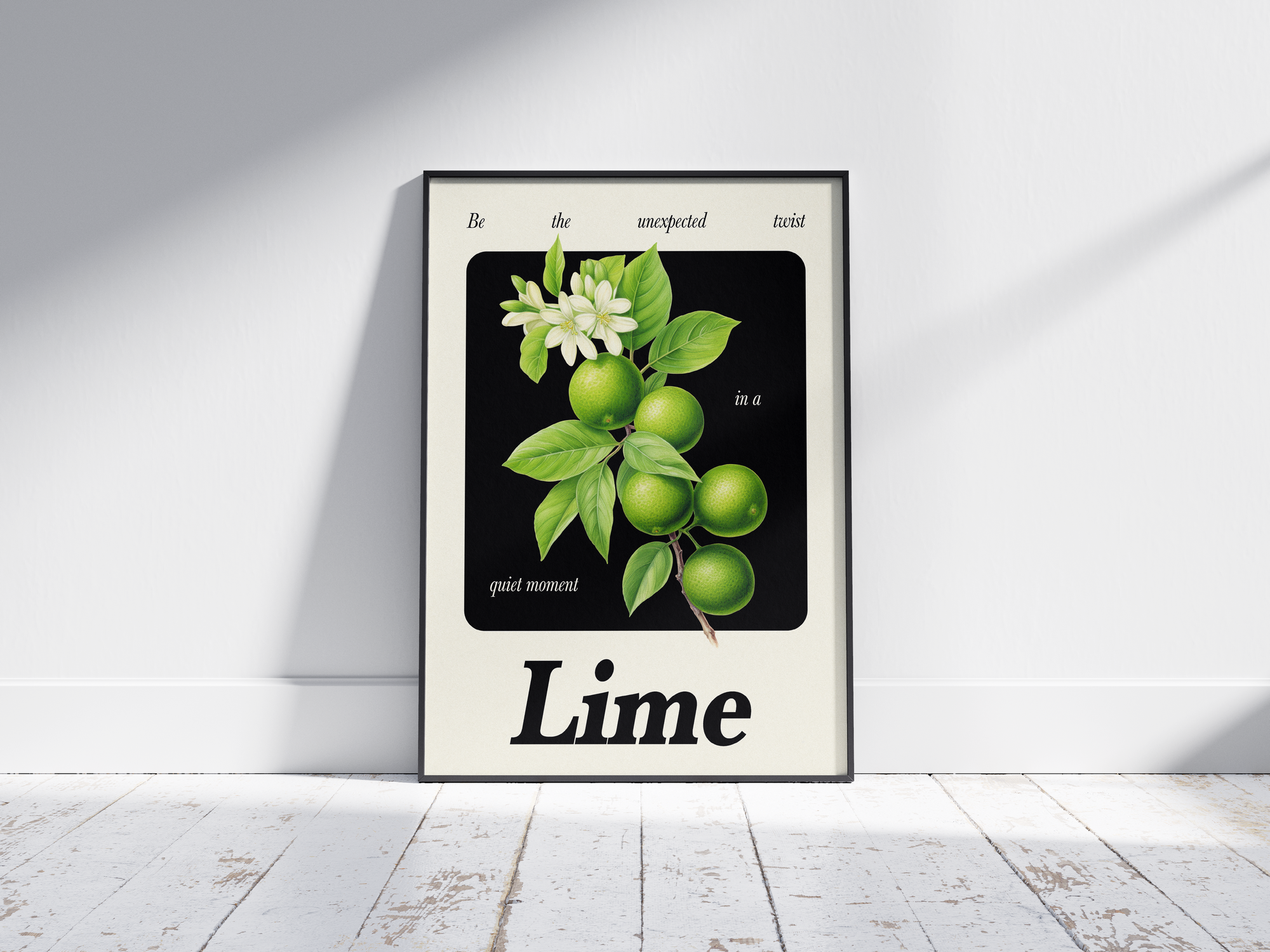 Minimalist botanical lime poster featuring a detailed fruit illustration and an inspiring quote, printed on semi-gloss sustainable paper. Perfect wall art for kitchens, dining areas, or modern interiors with a fresh and unexpected aesthetic.