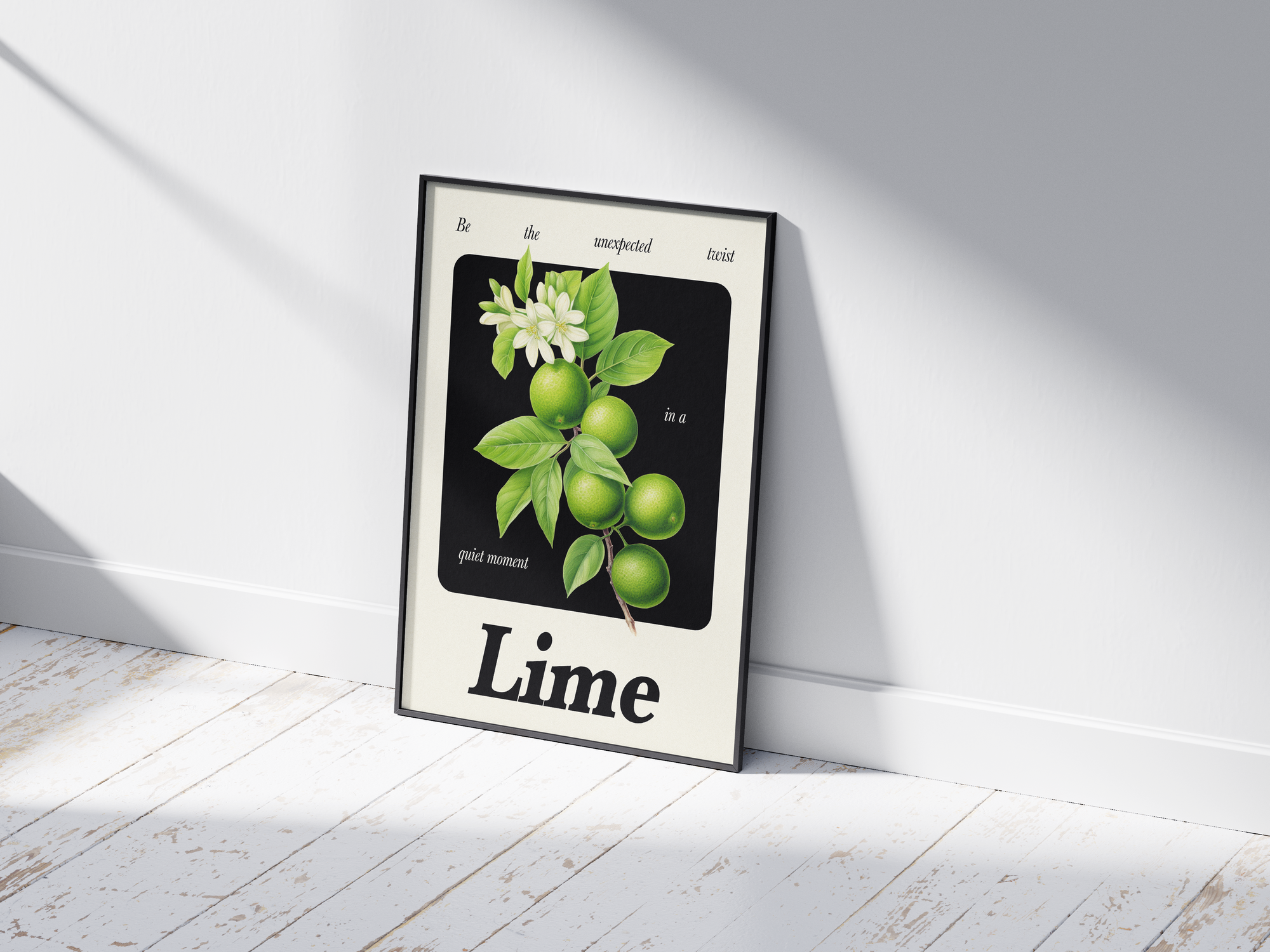 Minimalist botanical lime poster featuring a detailed fruit illustration and an inspiring quote, printed on semi-gloss sustainable paper. Perfect wall art for kitchens, dining areas, or modern interiors with a fresh and unexpected aesthetic.