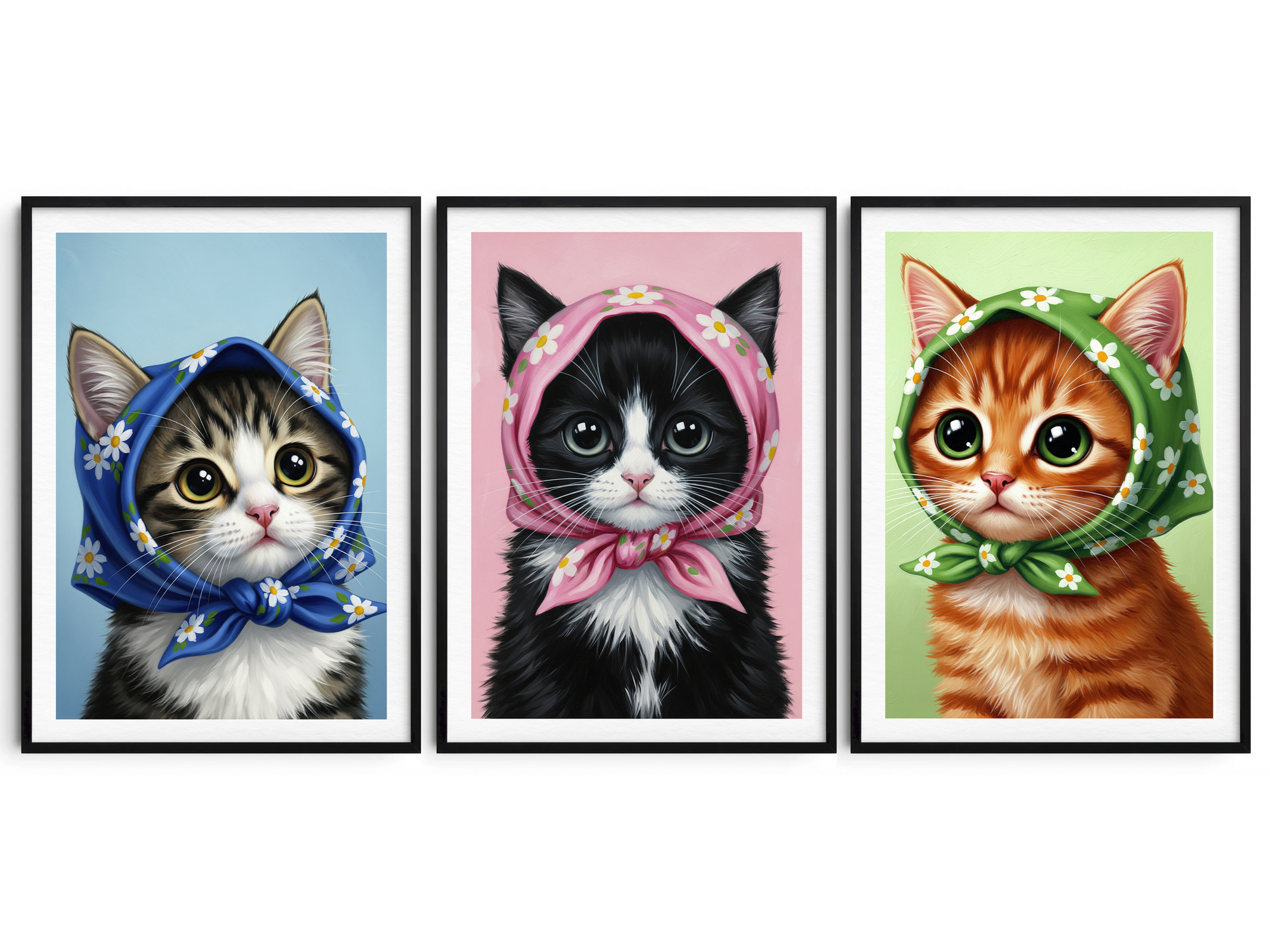 Three framed posters side-by-side, each featuring a different watercolor kitten wearing a floral babushka headscarf. From left to right: a tabby kitten in a blue scarf, a black and white kitten in a pink scarf, and a ginger kitten in a green scarf.