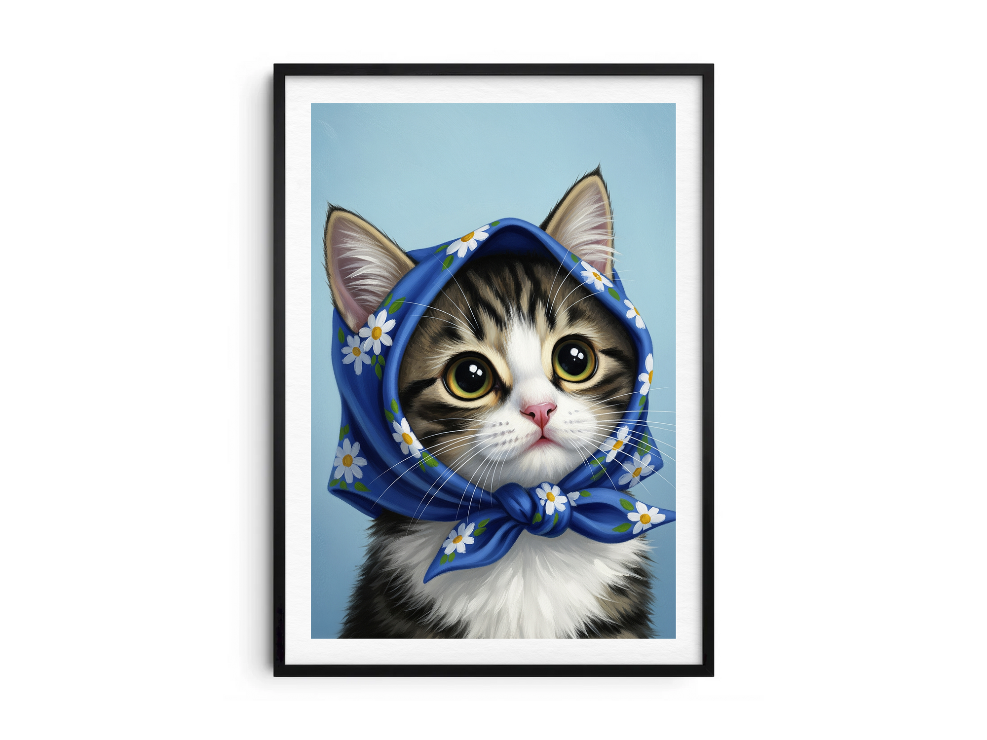A single framed poster of a tabby kitten wearing a blue, floral babushka scarf. This whimsical art print is ideal for a nursery, kid's room, or bedroom, adding a cozy and charming touch.