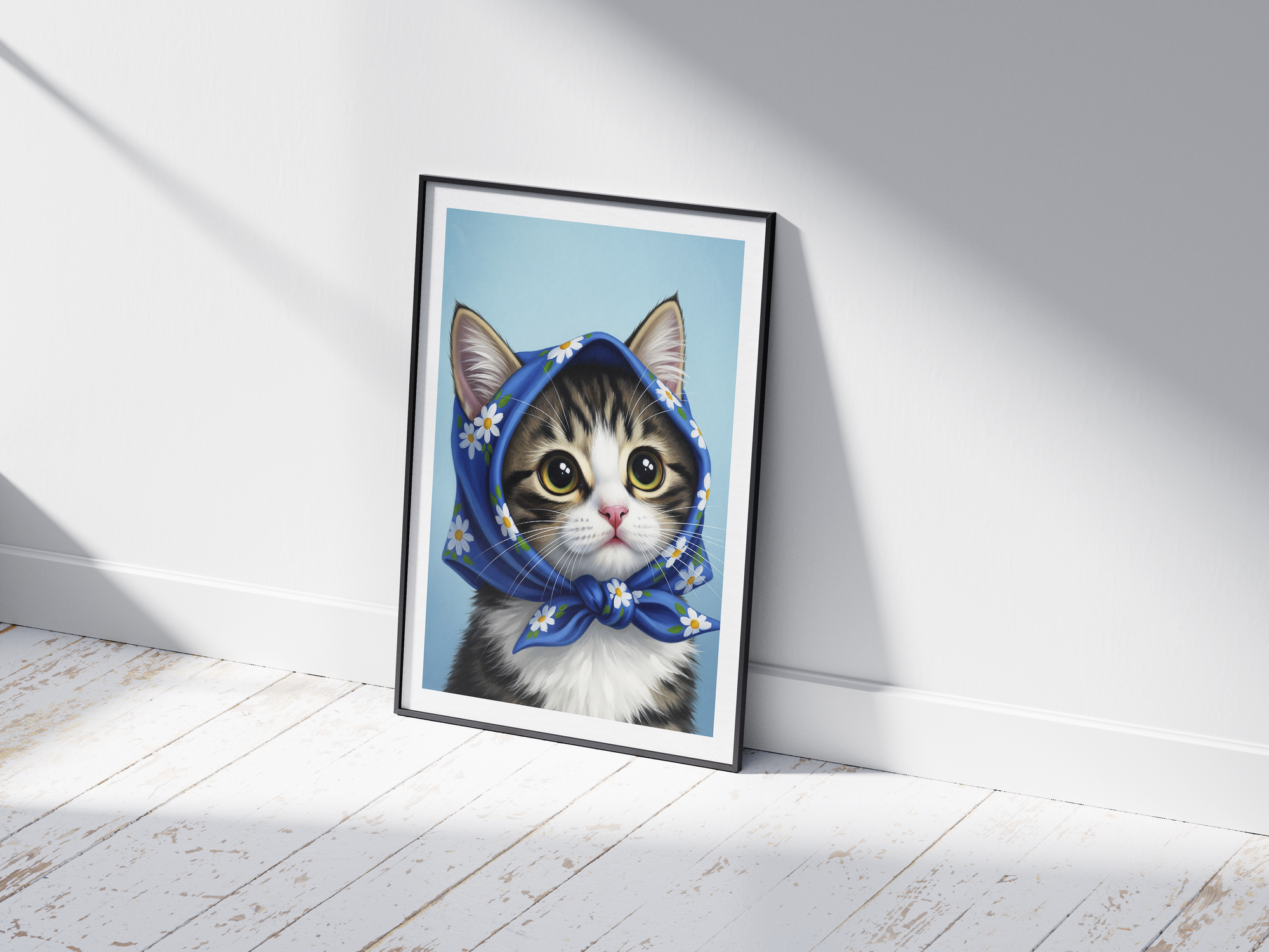 A single framed poster of a tabby kitten wearing a blue, floral babushka scarf. This whimsical art print is ideal for a nursery, kid's room, or bedroom, adding a cozy and charming touch.