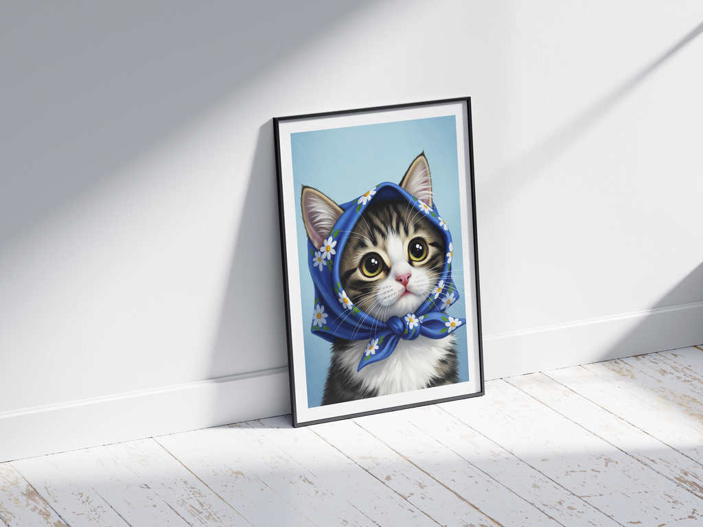 A single framed poster of a tabby kitten wearing a blue, floral babushka scarf. This whimsical art print is ideal for a nursery, kid's room, or bedroom, adding a cozy and charming touch.