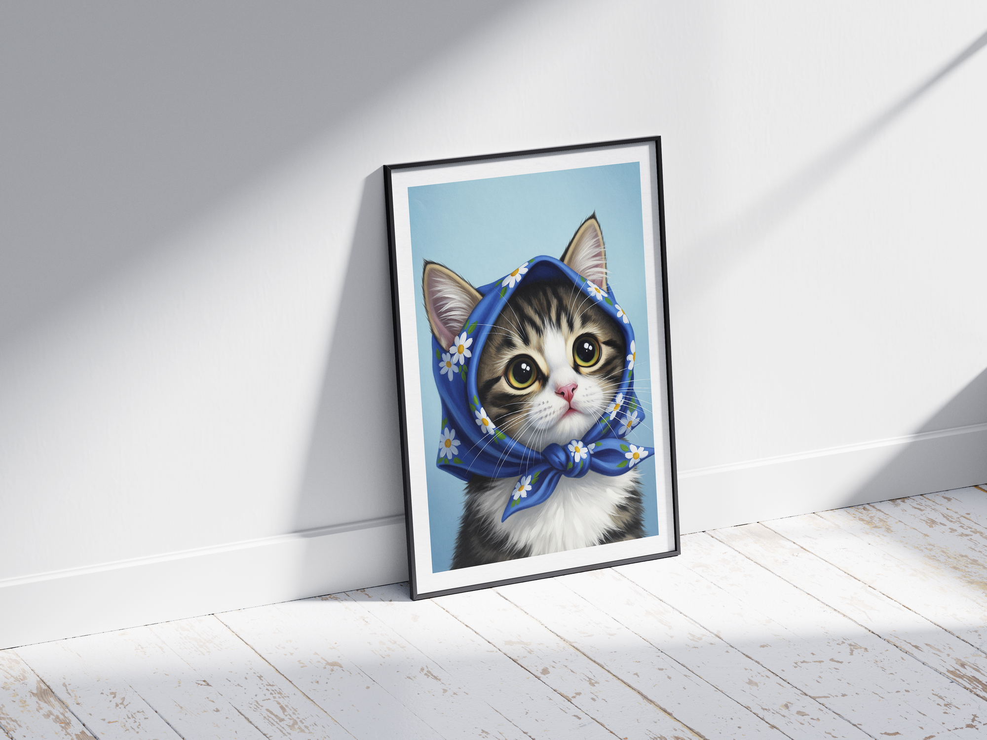 A single framed poster of a tabby kitten wearing a blue, floral babushka scarf. This whimsical art print is ideal for a nursery, kid's room, or bedroom, adding a cozy and charming touch.