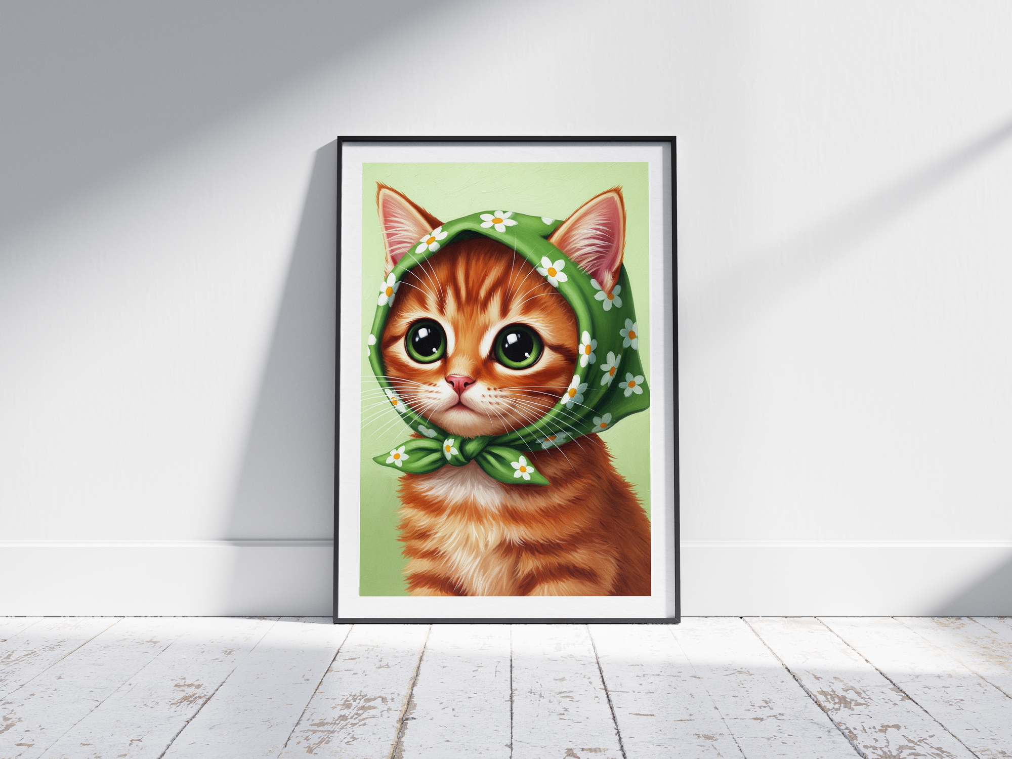 A single framed poster of a ginger kitten wearing a green, floral babushka scarf. This whimsical art print is ideal for a nursery, kid's room, or bedroom, adding a cozy and charming touch.