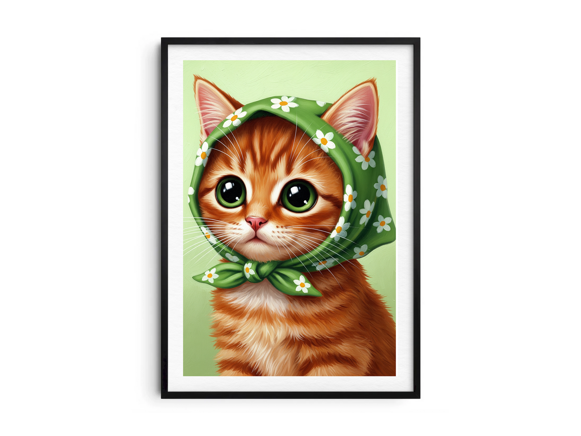 A single framed poster of a ginger kitten wearing a green, floral babushka scarf. This whimsical art print is ideal for a nursery, kid's room, or bedroom, adding a cozy and charming touch.