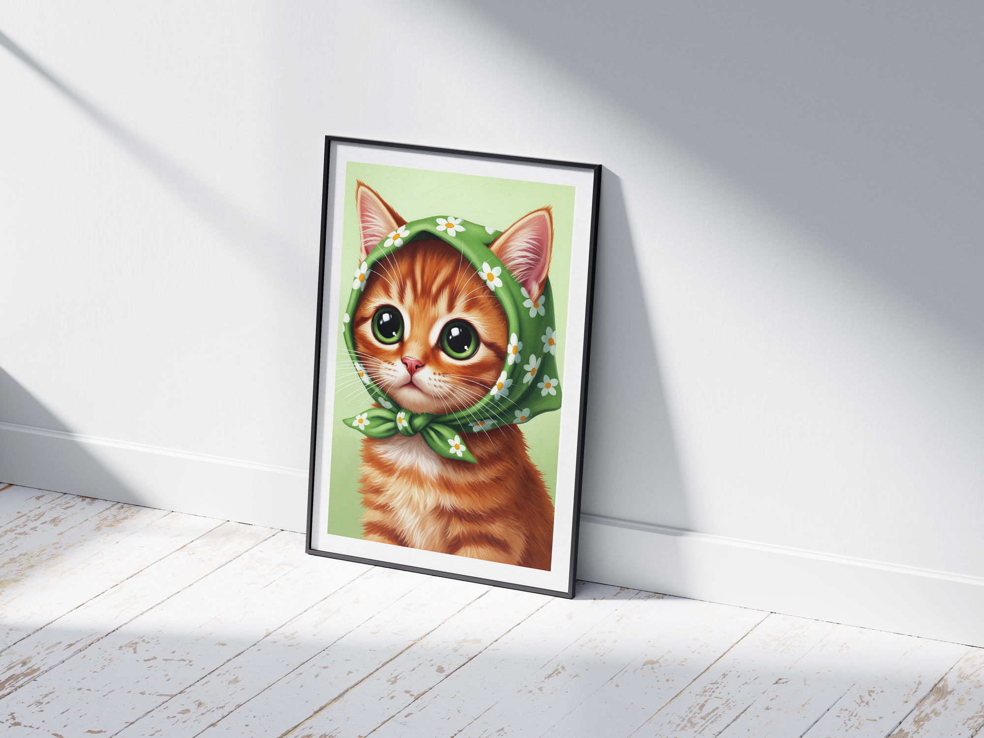 A single framed poster of a ginger kitten wearing a green, floral babushka scarf. This whimsical art print is ideal for a nursery, kid's room, or bedroom, adding a cozy and charming touch.