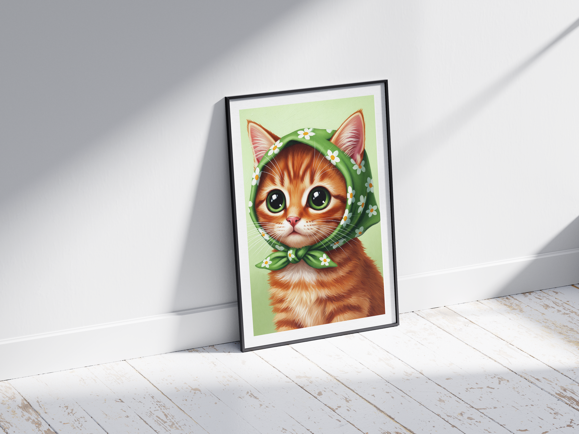 A single framed poster of a ginger kitten wearing a green, floral babushka scarf. This whimsical art print is ideal for a nursery, kid's room, or bedroom, adding a cozy and charming touch.