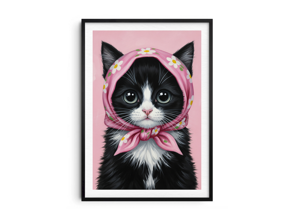 A single framed poster of a black and white kitten wearing a pink, floral babushka scarf. This whimsical art print is ideal for a nursery, kid's room, or bedroom, adding a cozy and charming touch.