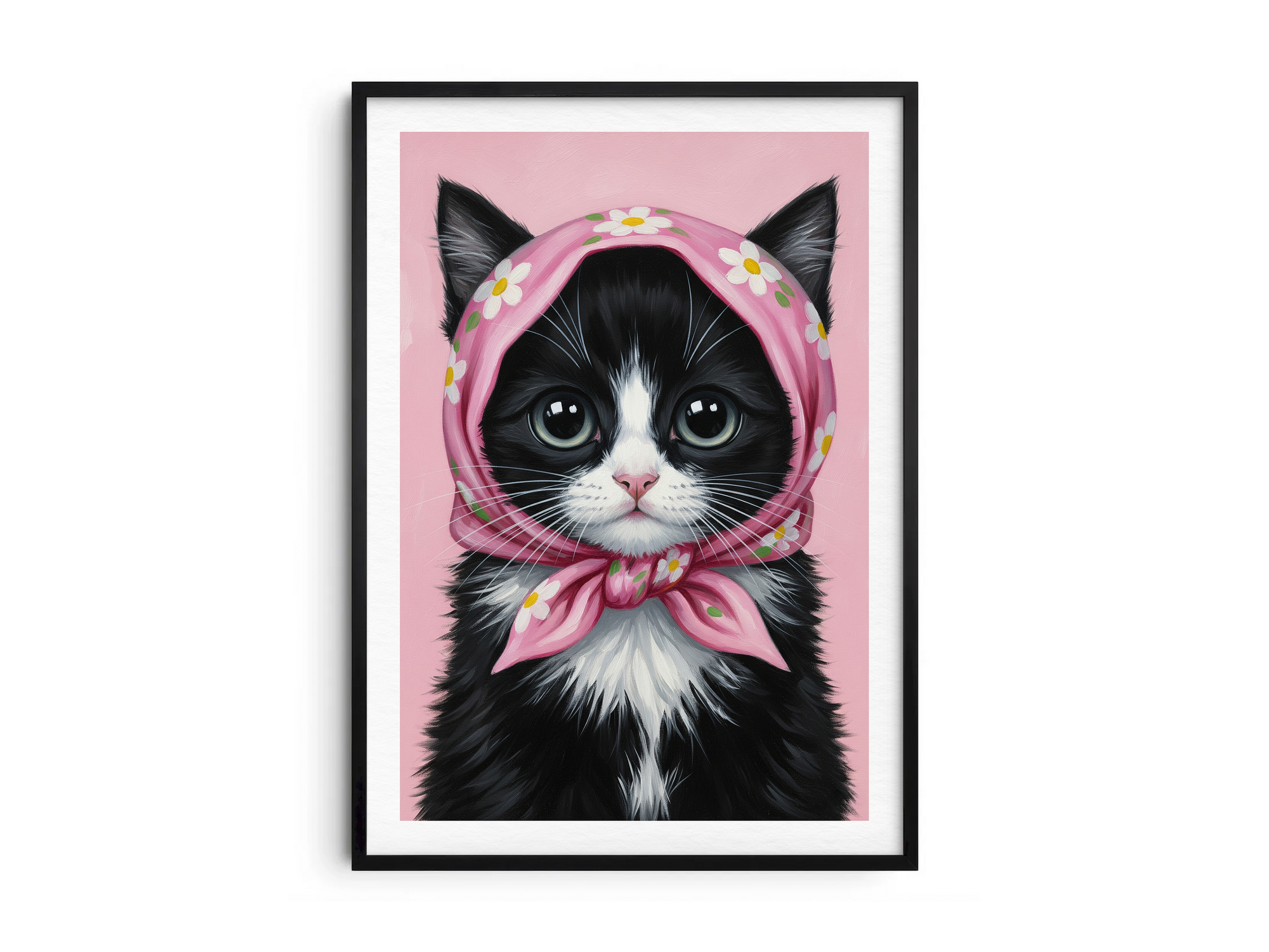 A single framed poster of a black and white kitten wearing a pink, floral babushka scarf. This whimsical art print is ideal for a nursery, kid's room, or bedroom, adding a cozy and charming touch.