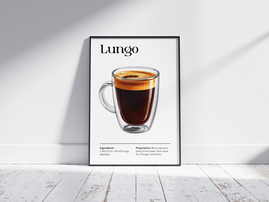 Minimalist Lungo coffee art poster featuring a detailed illustration of the long-pulled espresso with its recipe, printed on semi-gloss sustainable paper. Perfect wall art for kitchens, coffee bars, or modern interiors with a sleek and sophisticated aesthetic.
