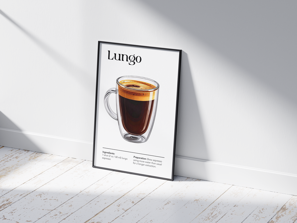 Minimalist Lungo coffee art poster featuring a detailed illustration of the long-pulled espresso with its recipe, printed on semi-gloss sustainable paper. Perfect wall art for kitchens, coffee bars, or modern interiors with a sleek and sophisticated aesthetic.