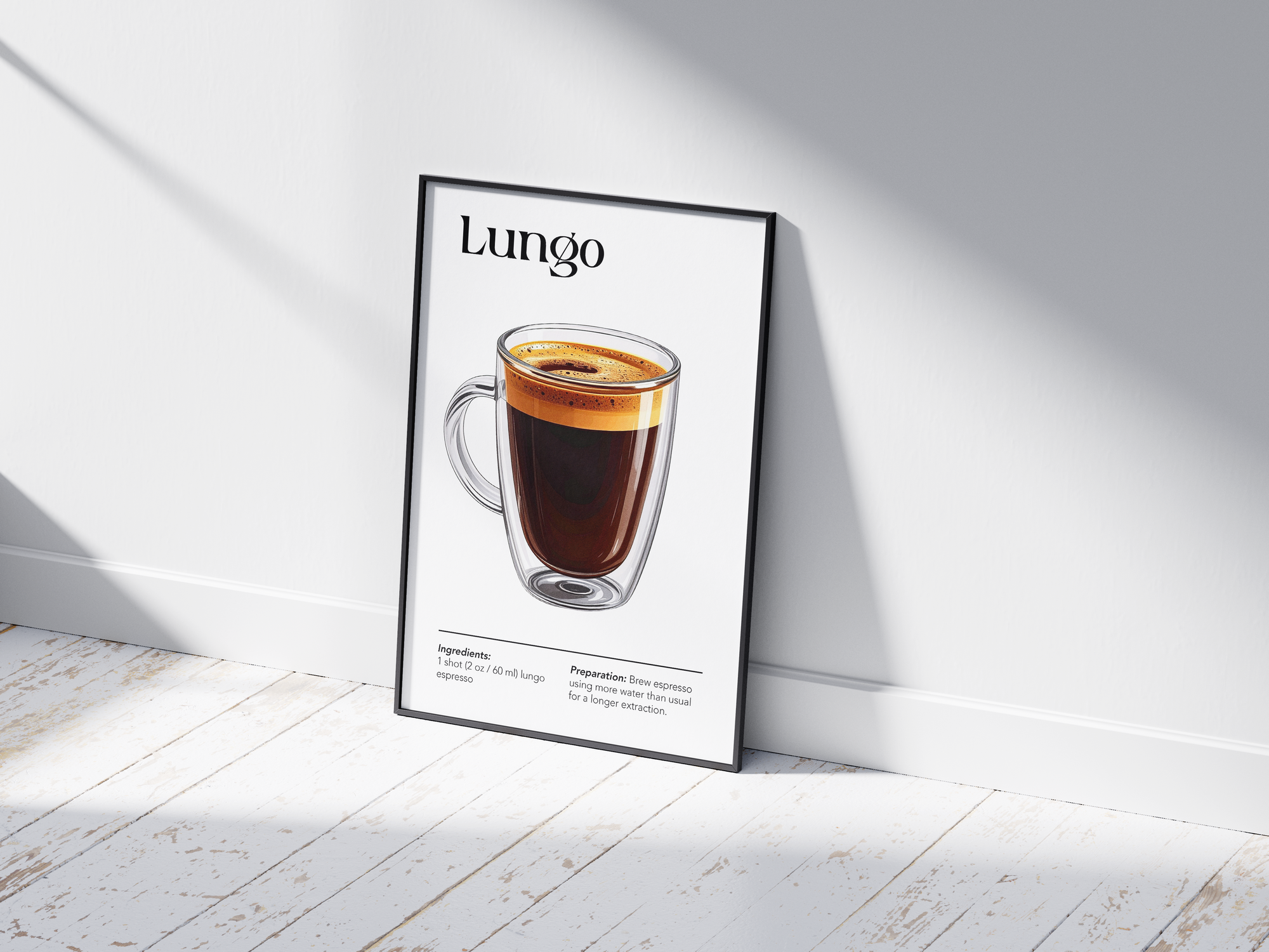 Minimalist Lungo coffee art poster featuring a detailed illustration of the long-pulled espresso with its recipe, printed on semi-gloss sustainable paper. Perfect wall art for kitchens, coffee bars, or modern interiors with a sleek and sophisticated aesthetic.