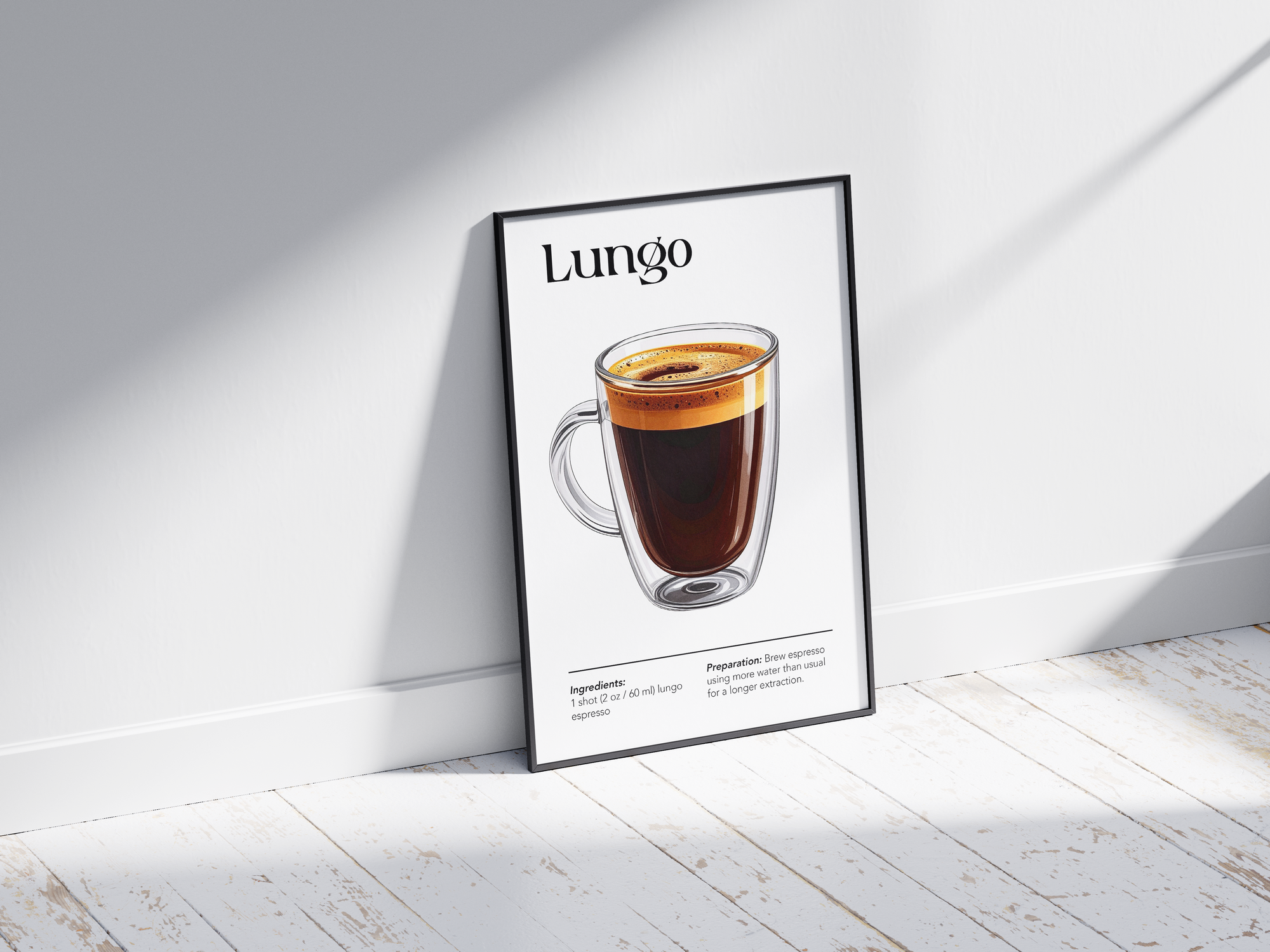 Minimalist Lungo coffee art poster featuring a detailed illustration of the long-pulled espresso with its recipe, printed on semi-gloss sustainable paper. Perfect wall art for kitchens, coffee bars, or modern interiors with a sleek and sophisticated aesthetic.