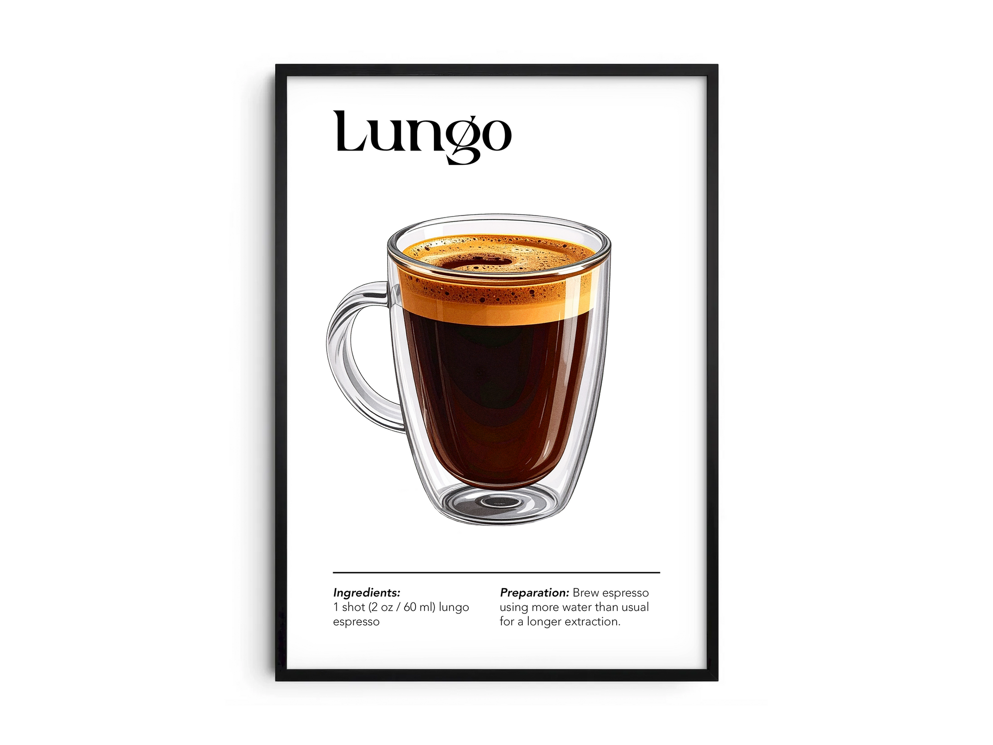 Minimalist Lungo coffee art poster featuring a detailed illustration of the long-pulled espresso with its recipe, printed on semi-gloss sustainable paper. Perfect wall art for kitchens, coffee bars, or modern interiors with a sleek and sophisticated aesthetic.