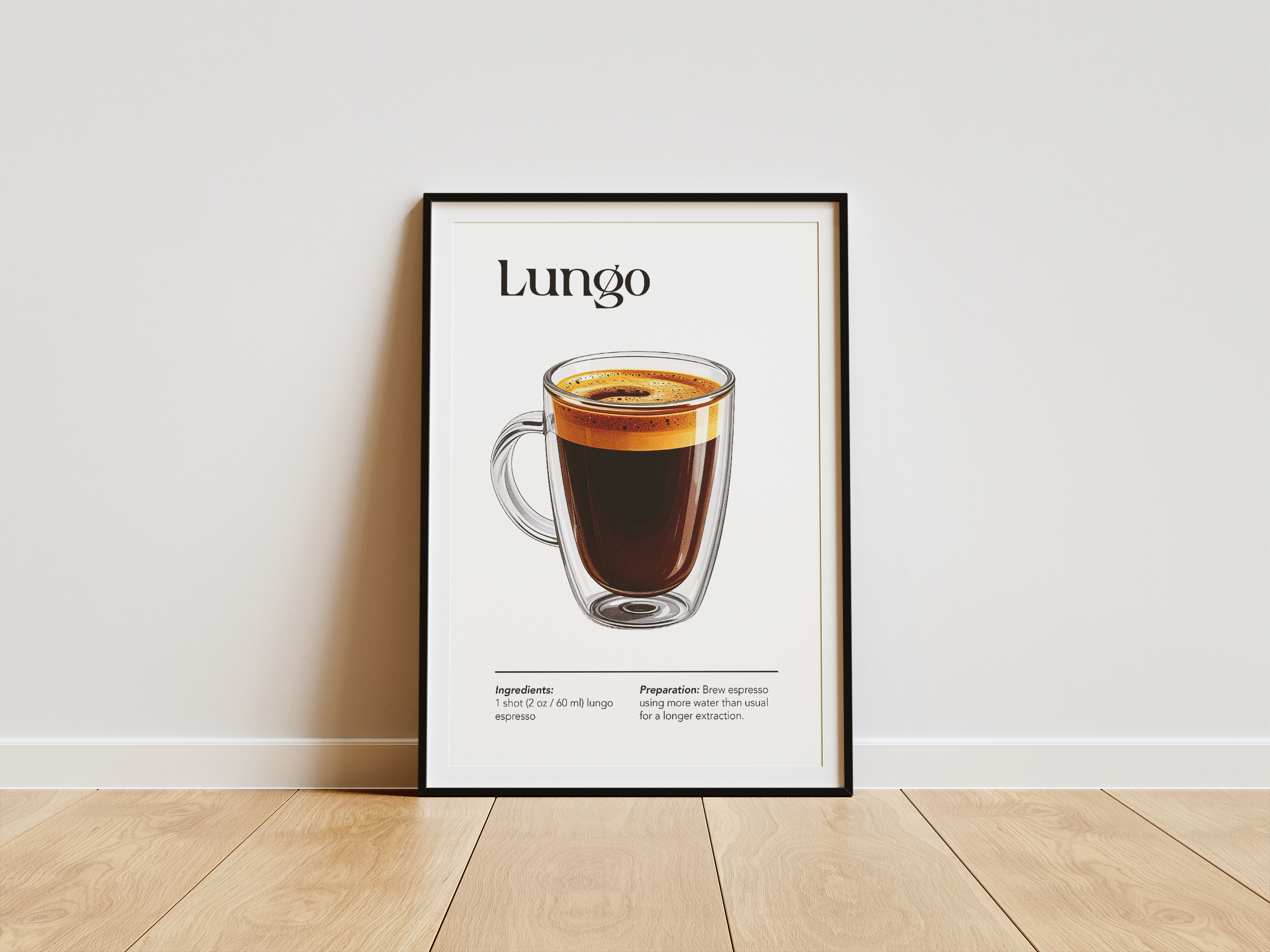 A black-framed poster featuring an illustration of a Lungo coffee in a glass mug with its ingredients and preparation instructions, leaning against a white wall.