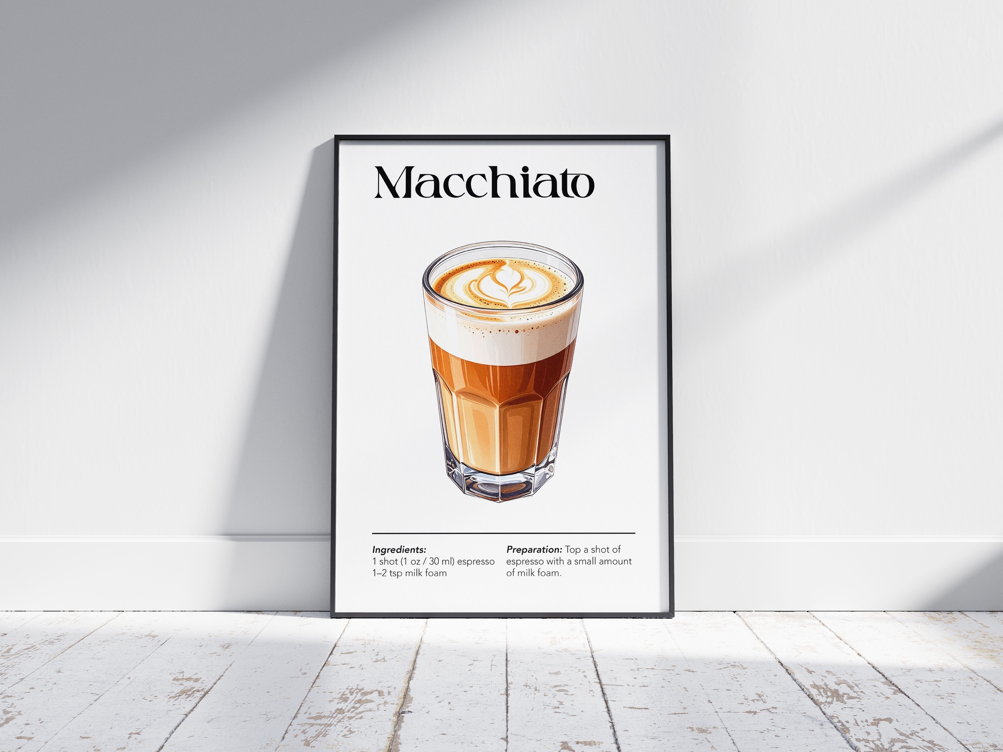Minimalist Macchiato coffee art poster featuring a detailed illustration of the drink with its recipe, printed on semi-gloss sustainable paper. Perfect wall art for kitchens, coffee bars, or modern interiors with a sleek and contemporary aesthetic.