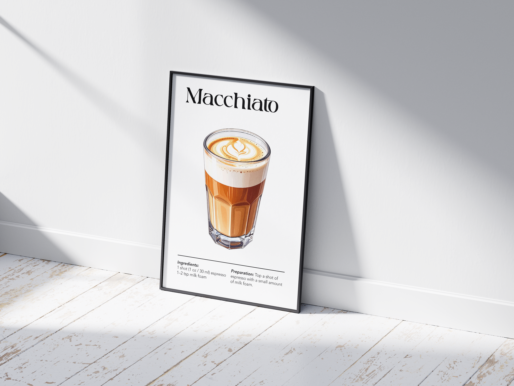 Minimalist Macchiato coffee art poster featuring a detailed illustration of the drink with its recipe, printed on semi-gloss sustainable paper. Perfect wall art for kitchens, coffee bars, or modern interiors with a sleek and contemporary aesthetic.