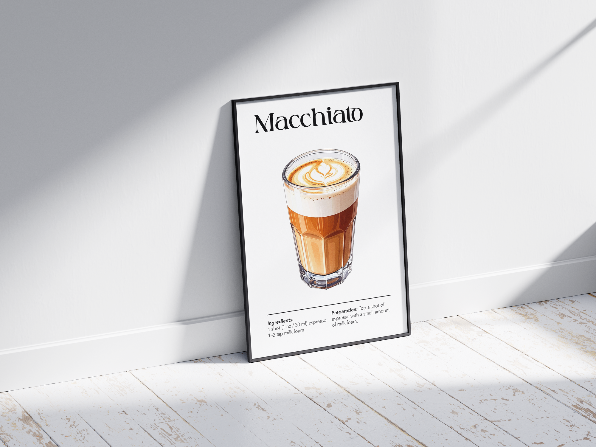 Minimalist Macchiato coffee art poster featuring a detailed illustration of the drink with its recipe, printed on semi-gloss sustainable paper. Perfect wall art for kitchens, coffee bars, or modern interiors with a sleek and contemporary aesthetic.