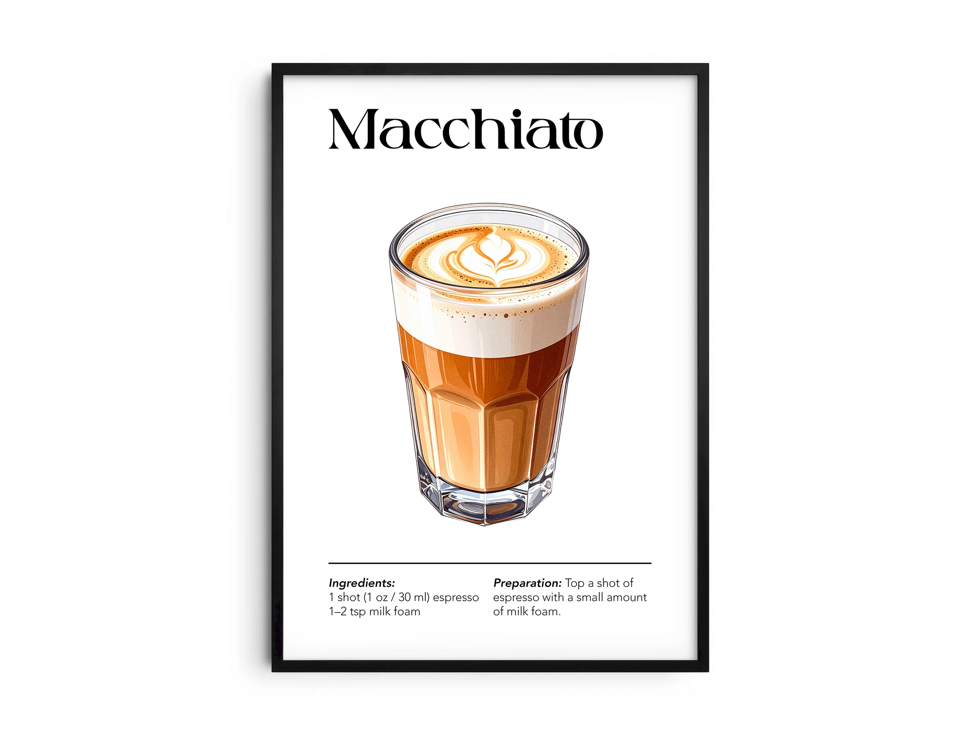 Minimalist Macchiato coffee art poster featuring a detailed illustration of the drink with its recipe, printed on semi-gloss sustainable paper. Perfect wall art for kitchens, coffee bars, or modern interiors with a sleek and contemporary aesthetic.