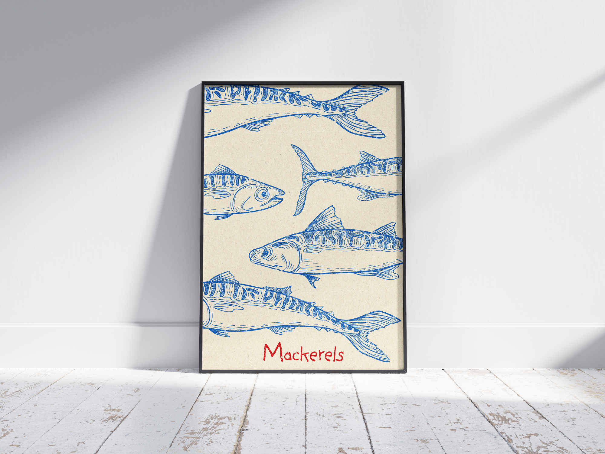 Vibrant coastal mackerel poster featuring detailed blue fish illustrations in a dynamic composition, printed on semi-gloss sustainable paper. Perfect wall art for kitchens, dining areas, or modern coastal interiors with a fresh and lively marine aesthetic.
