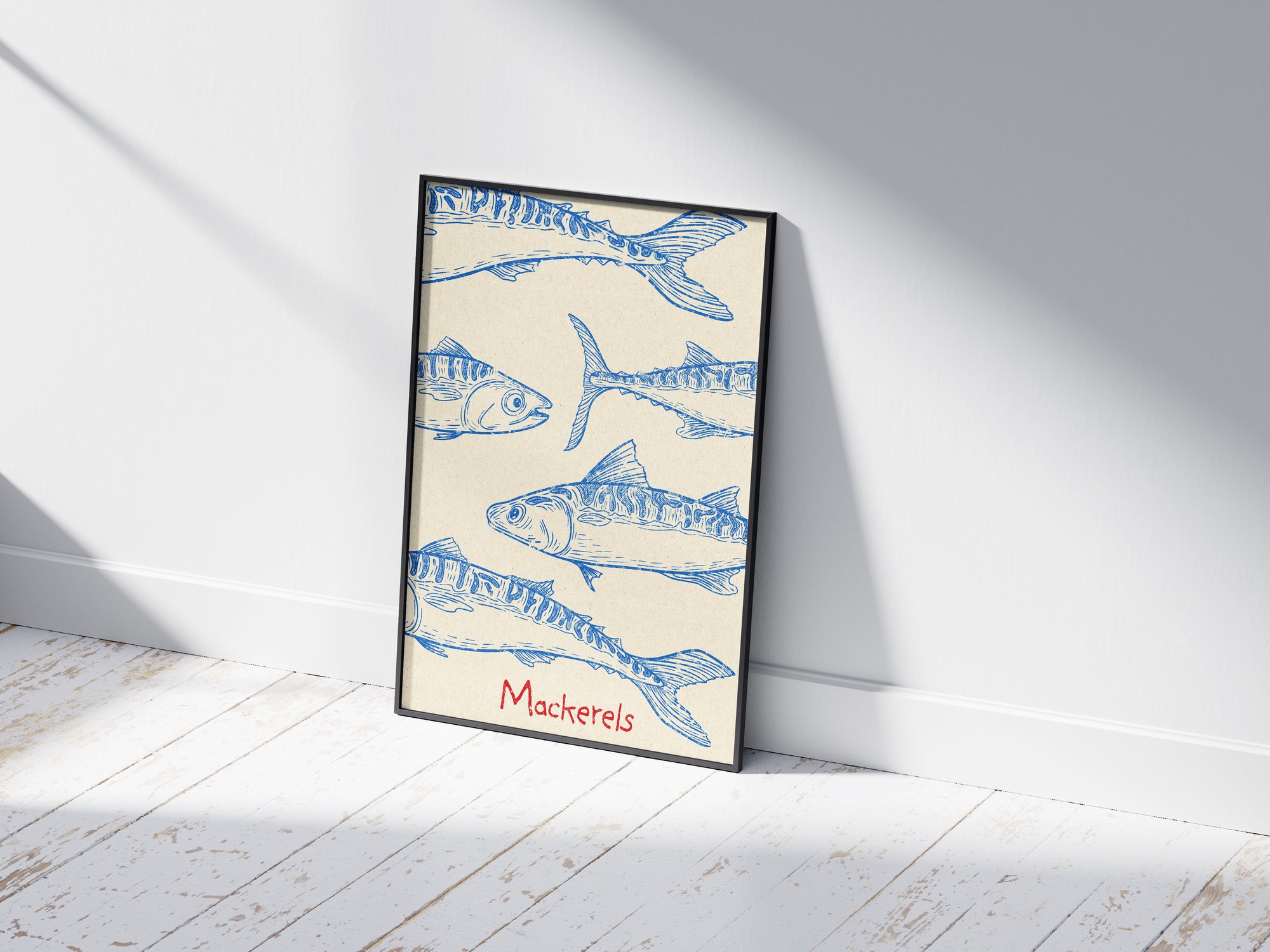 Vibrant coastal mackerel poster featuring detailed blue fish illustrations in a dynamic composition, printed on semi-gloss sustainable paper. Perfect wall art for kitchens, dining areas, or modern coastal interiors with a fresh and lively marine aesthetic.