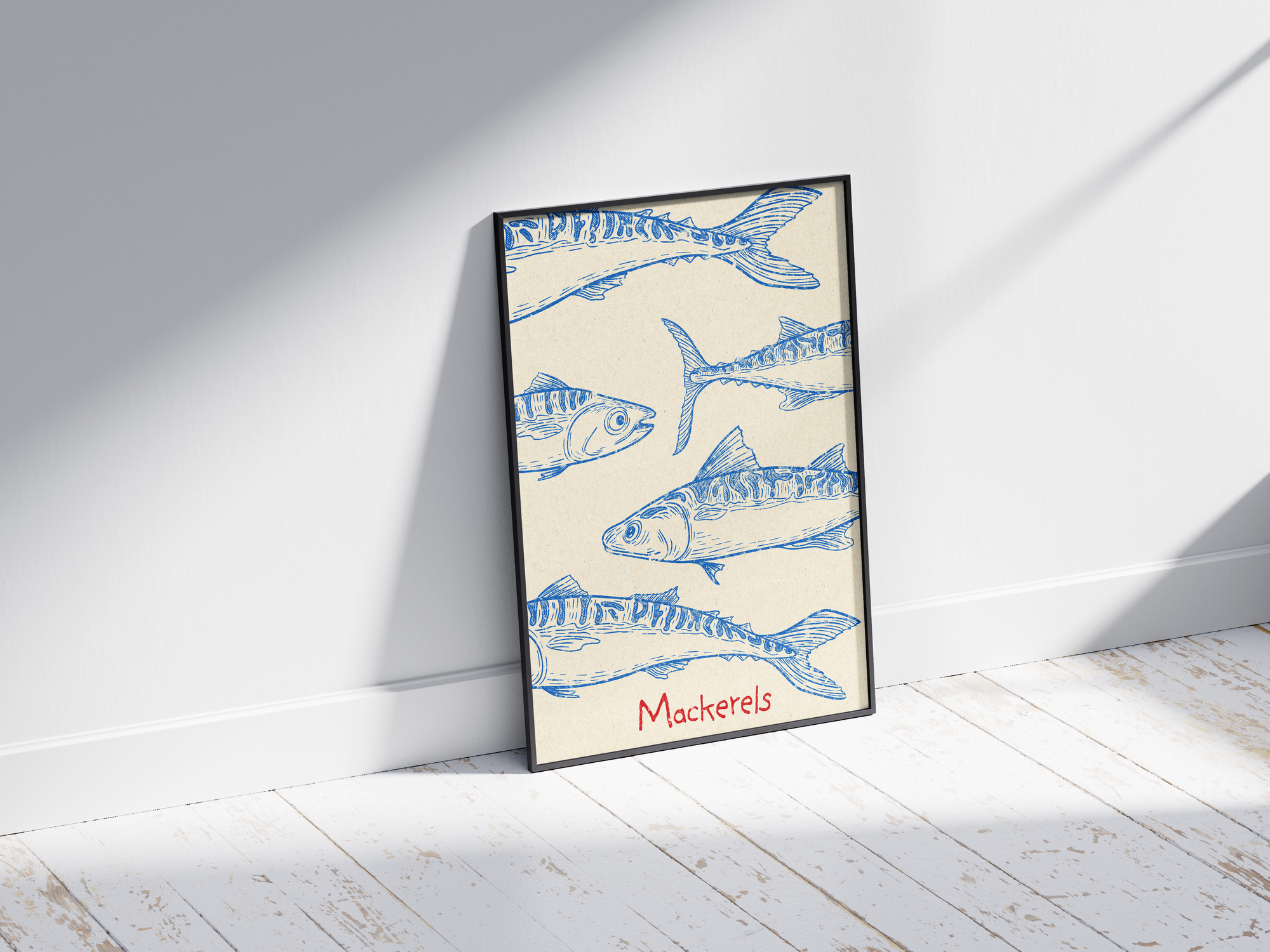 Vibrant coastal mackerel poster featuring detailed blue fish illustrations in a dynamic composition, printed on semi-gloss sustainable paper. Perfect wall art for kitchens, dining areas, or modern coastal interiors with a fresh and lively marine aesthetic.