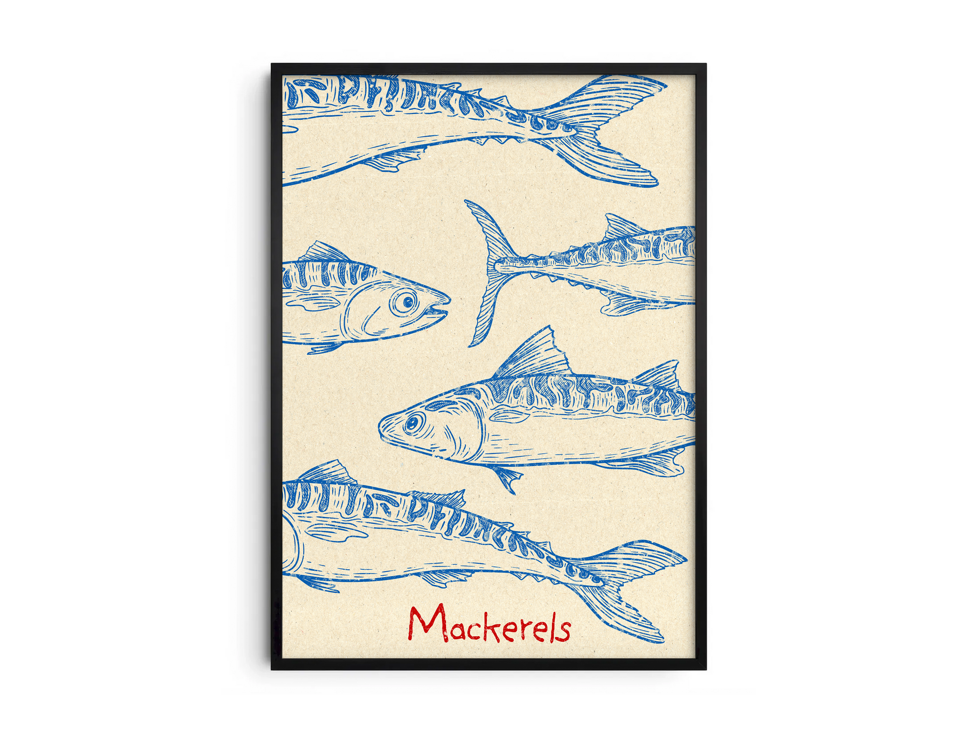 Vibrant coastal mackerel poster featuring detailed blue fish illustrations in a dynamic composition, printed on semi-gloss sustainable paper. Perfect wall art for kitchens, dining areas, or modern coastal interiors with a fresh and lively marine aesthetic.