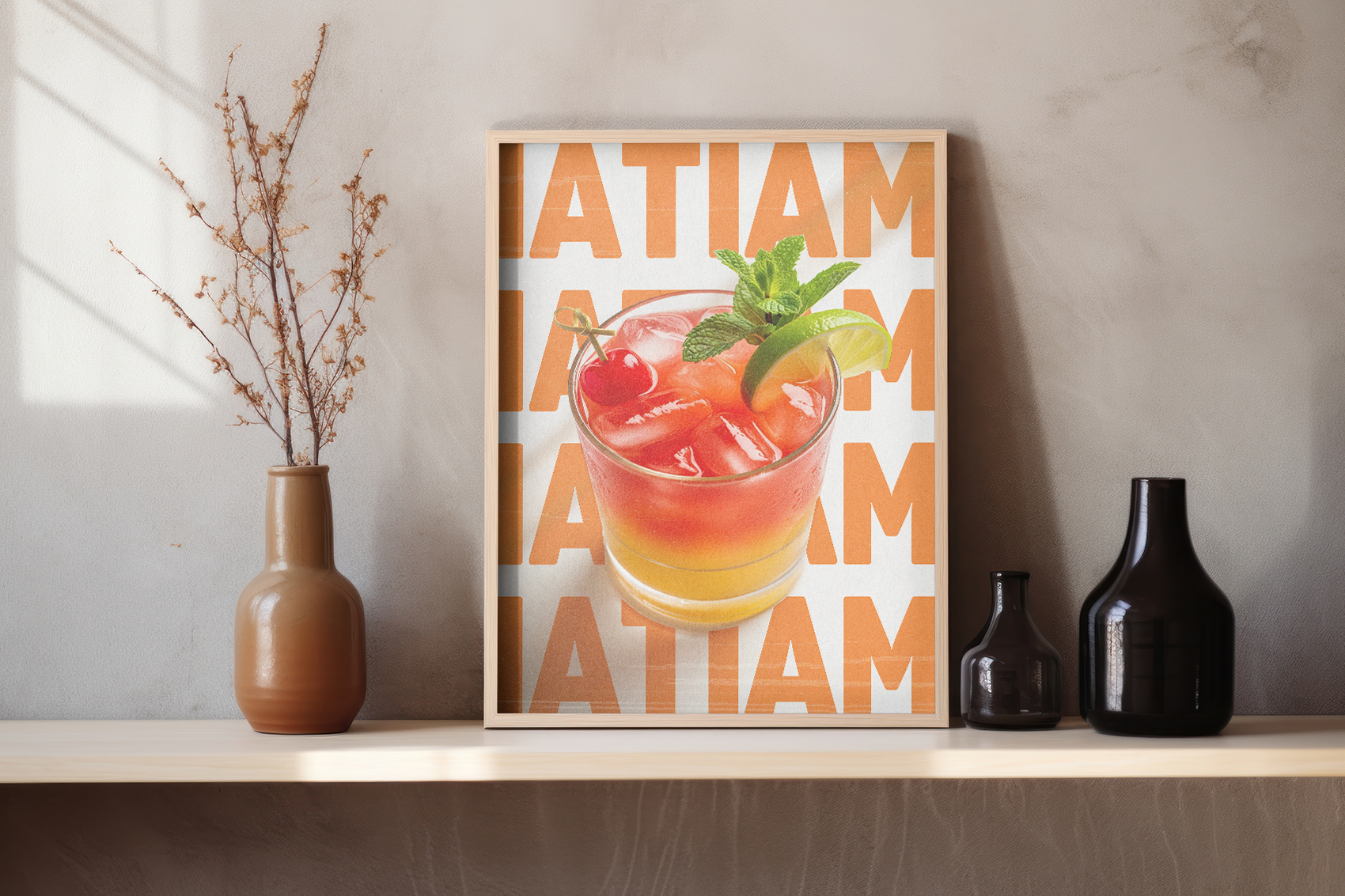 Framed poster of a colorful Mai Tai cocktail with mint, cherry, and lime, set against a repeating orange and white background, displayed on a wooden shelf with ceramic vases.