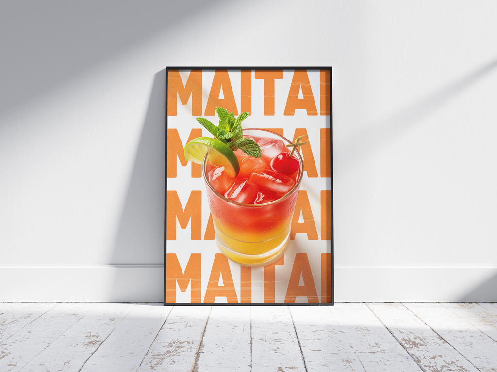 Classic Mai Tai cocktail poster featuring bold typography and an exotic drink illustration, printed on semi-gloss sustainable paper. Perfect wall art for living rooms, bar areas, or tropical-themed interiors with a vibrant and inviting aesthetic.