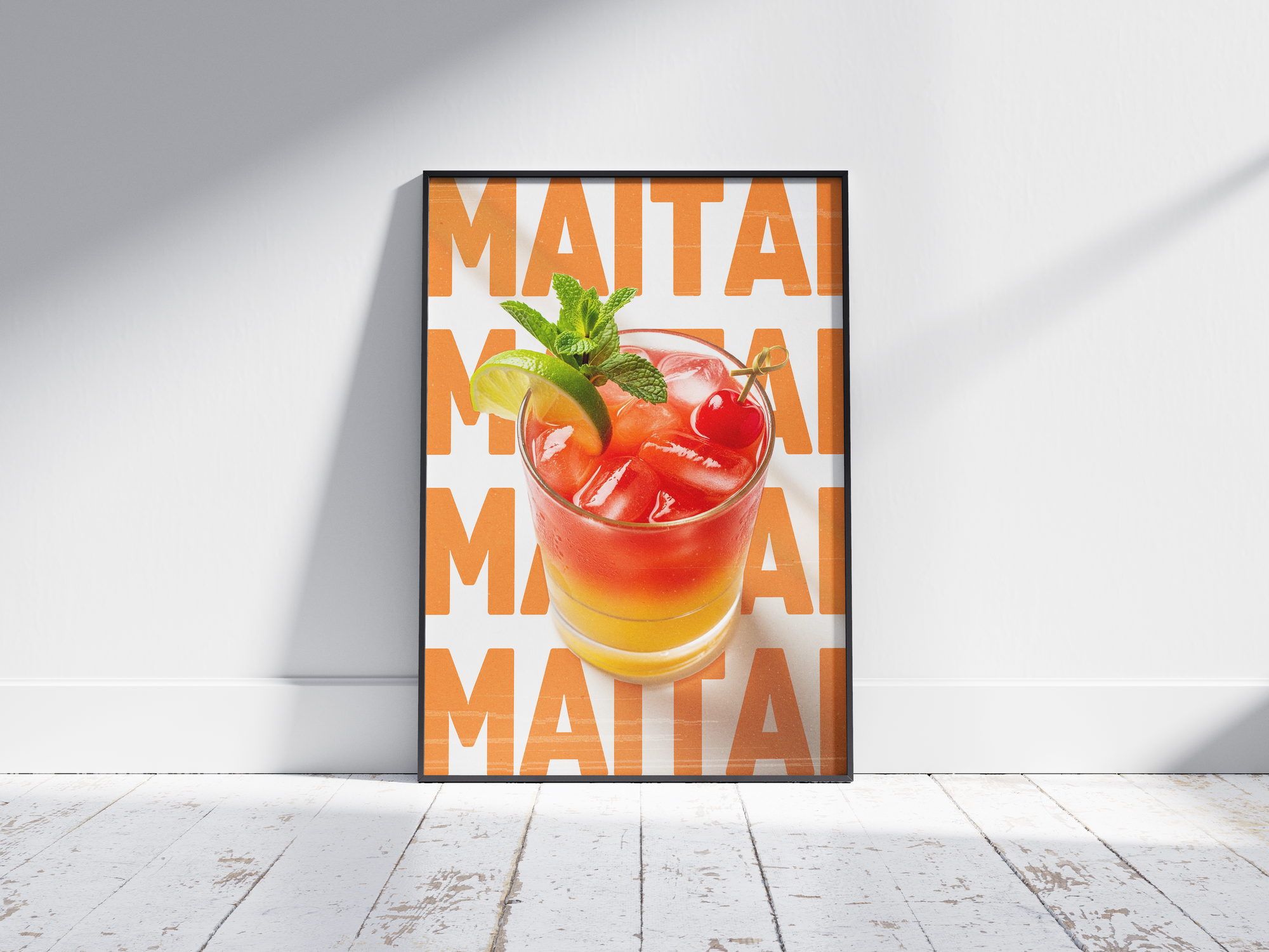 Classic Mai Tai cocktail poster featuring bold typography and an exotic drink illustration, printed on semi-gloss sustainable paper. Perfect wall art for living rooms, bar areas, or tropical-themed interiors with a vibrant and inviting aesthetic.