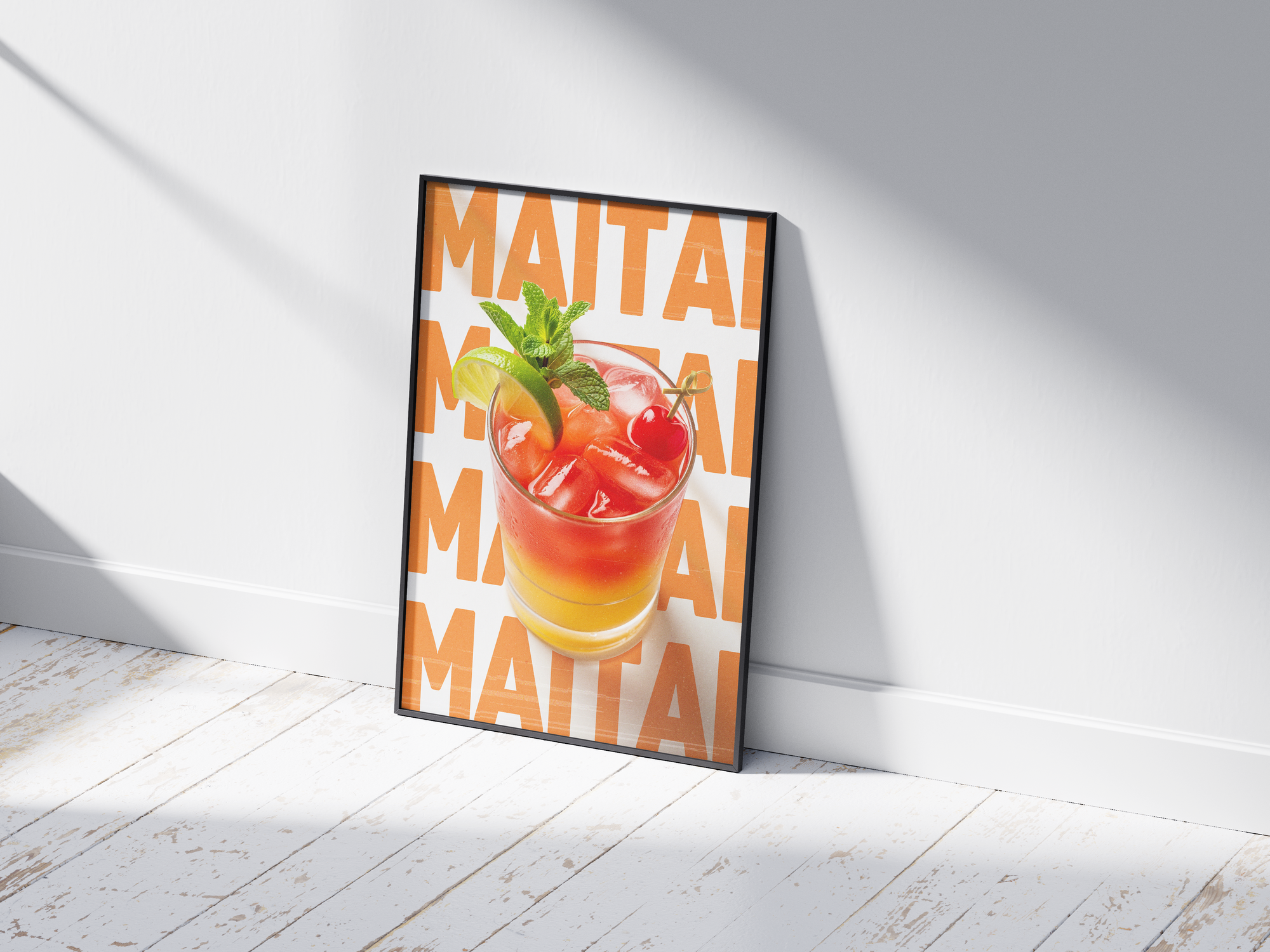 Classic Mai Tai cocktail poster featuring bold typography and an exotic drink illustration, printed on semi-gloss sustainable paper. Perfect wall art for living rooms, bar areas, or tropical-themed interiors with a vibrant and inviting aesthetic.