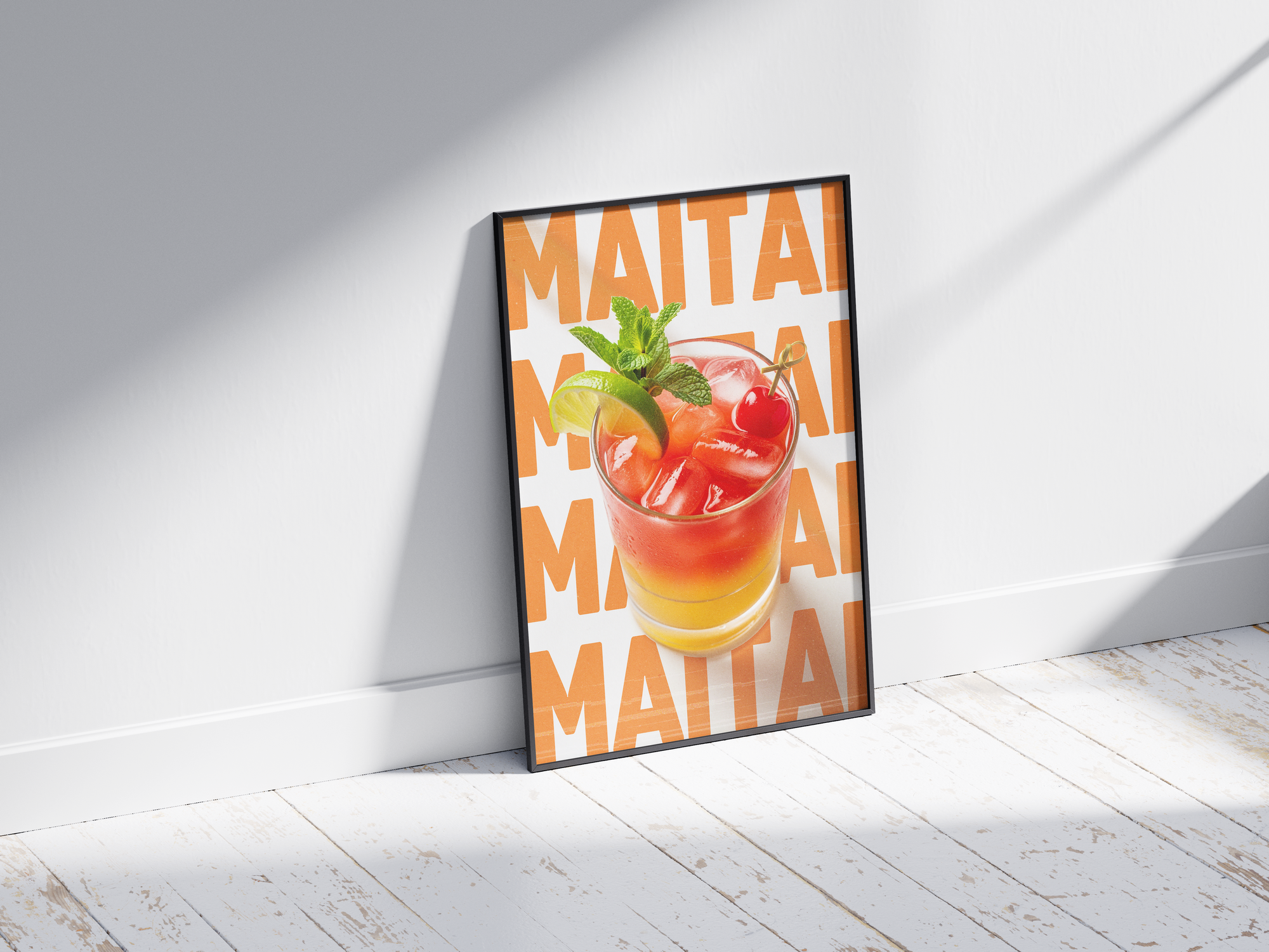 Classic Mai Tai cocktail poster featuring bold typography and an exotic drink illustration, printed on semi-gloss sustainable paper. Perfect wall art for living rooms, bar areas, or tropical-themed interiors with a vibrant and inviting aesthetic.