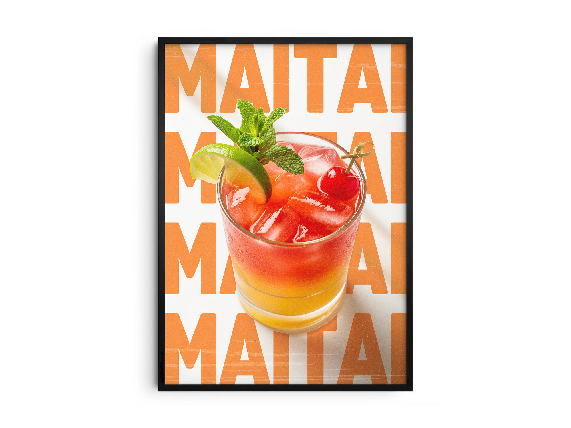 Classic Mai Tai cocktail poster featuring bold typography and an exotic drink illustration, printed on semi-gloss sustainable paper. Perfect wall art for living rooms, bar areas, or tropical-themed interiors with a vibrant and inviting aesthetic.
