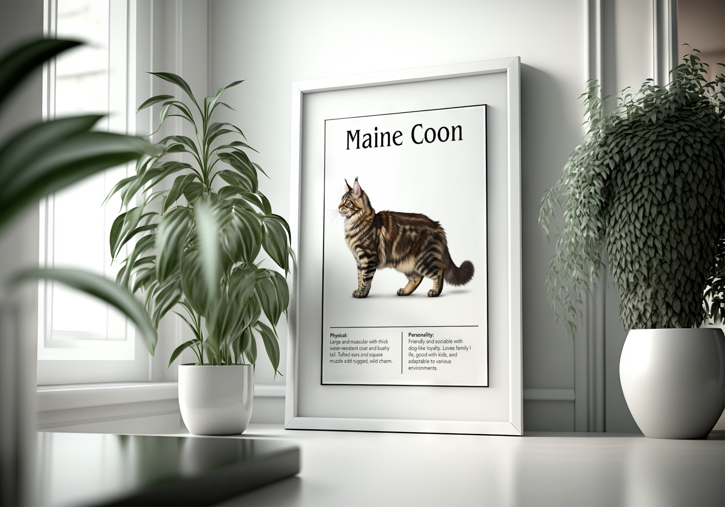 A white-framed poster with a thin black border showing a striped Maine Coon cat, leaning on a dark surface near a window with various green potted plants.