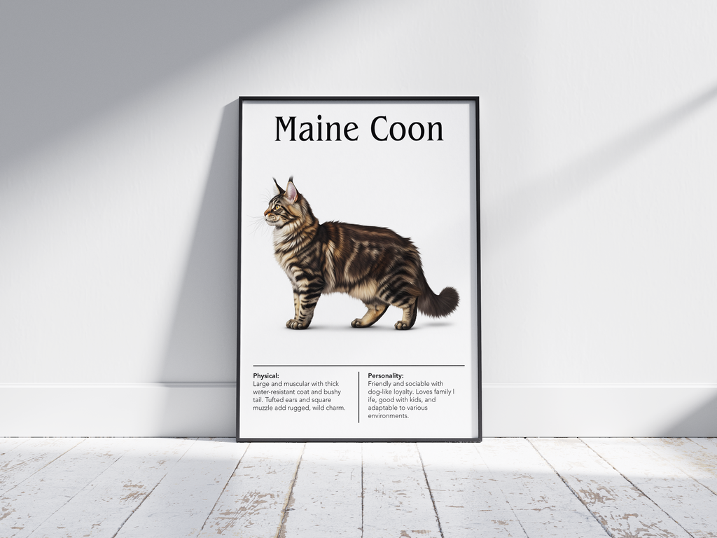 Majestic Maine Coon cat breed poster featuring a detailed illustration of the cat with its long shaggy coat and bushy tail, printed on semi-gloss sustainable paper. Perfect wall art for living rooms, dens, or rustic interiors with a cozy and natural aesthetic.