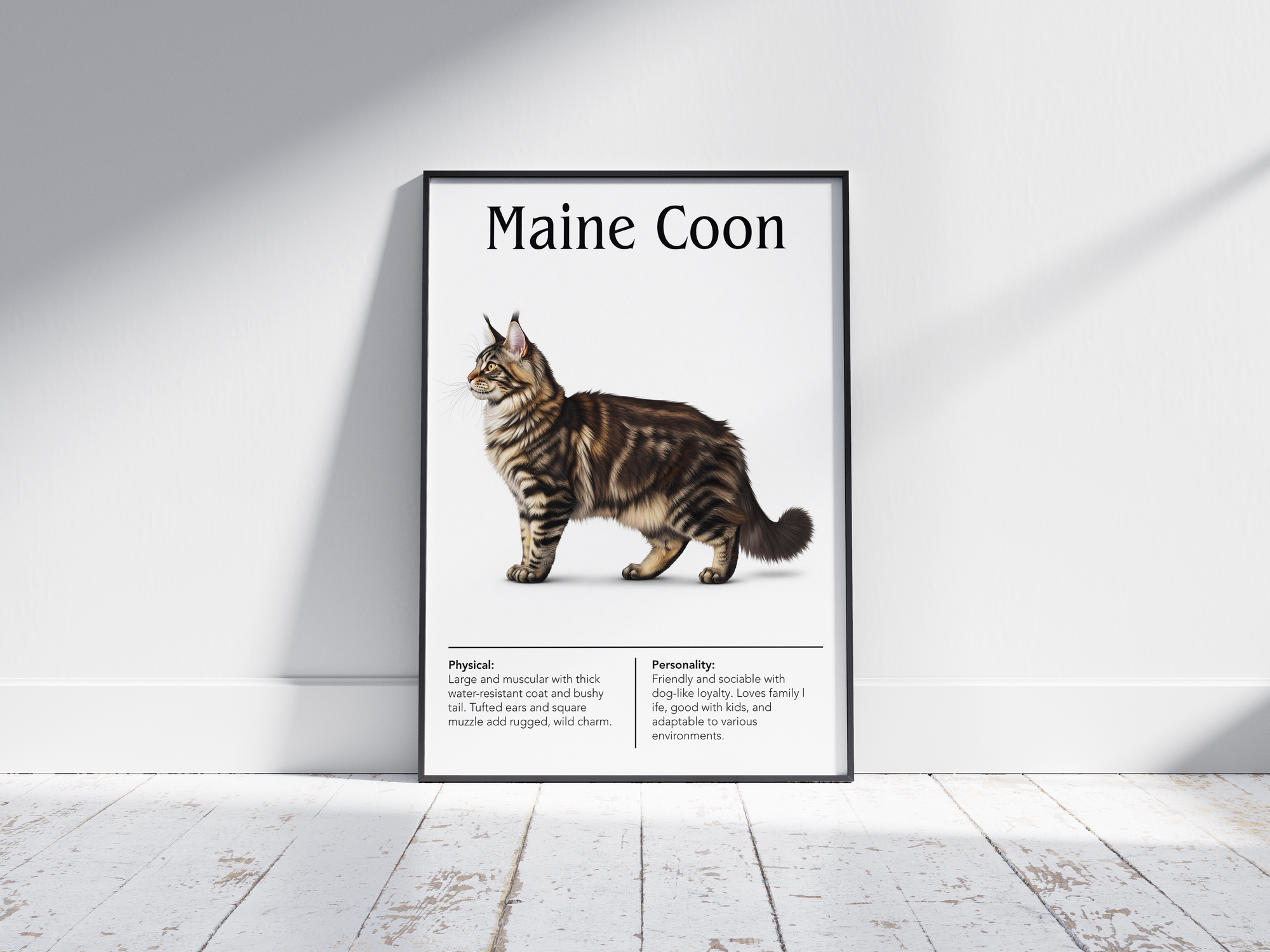 Majestic Maine Coon cat breed poster featuring a detailed illustration of the cat with its long shaggy coat and bushy tail, printed on semi-gloss sustainable paper. Perfect wall art for living rooms, dens, or rustic interiors with a cozy and natural aesthetic.