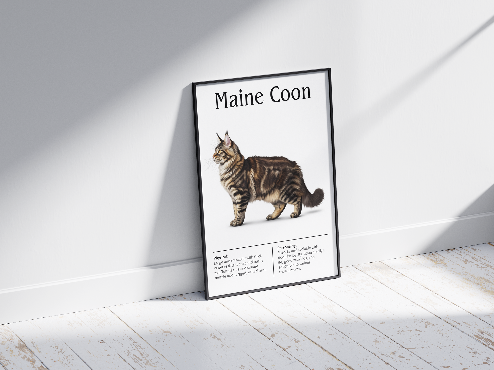 Majestic Maine Coon cat breed poster featuring a detailed illustration of the cat with its long shaggy coat and bushy tail, printed on semi-gloss sustainable paper. Perfect wall art for living rooms, dens, or rustic interiors with a cozy and natural aesthetic.
