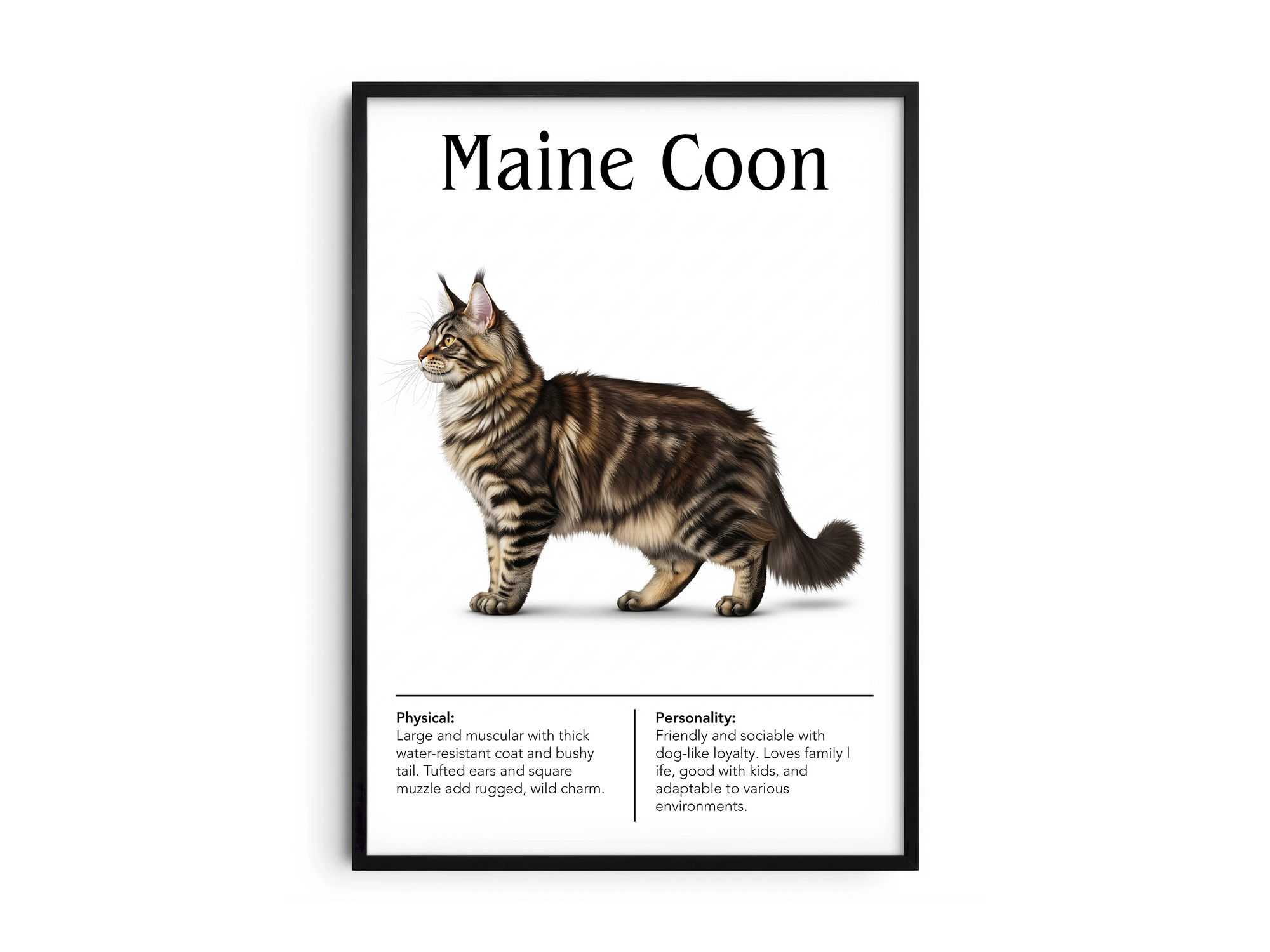 Majestic Maine Coon cat breed poster featuring a detailed illustration of the cat with its long shaggy coat and bushy tail, printed on semi-gloss sustainable paper. Perfect wall art for living rooms, dens, or rustic interiors with a cozy and natural aesthetic.
