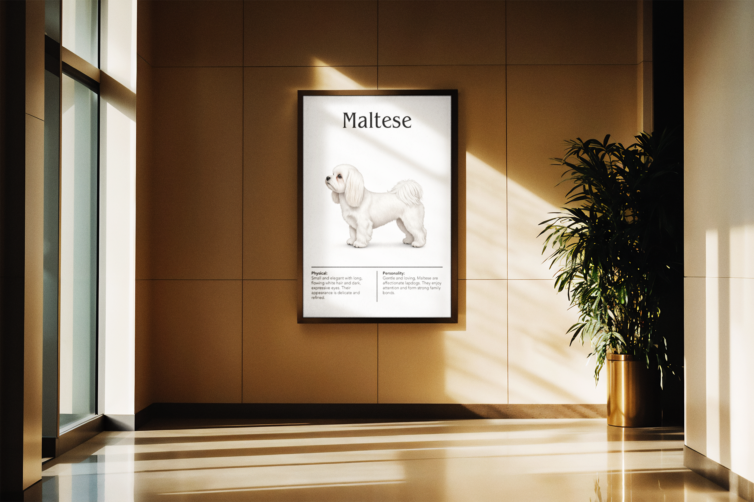 A black-framed poster of a white Maltese dog, hanging on a warm beige wall with strong natural sunlight streaming through a nearby window.