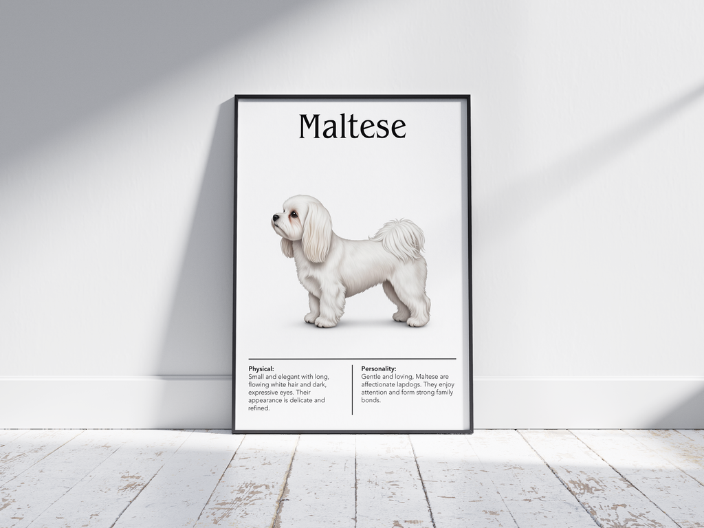 Detailed Maltese dog breed poster showcasing its luxurious white coat and gentle, cheerful personality traits, printed on semi-gloss sustainable paper. Perfect wall art for bedrooms, living rooms, or modern interiors with an elegant and affectionate aesthetic.