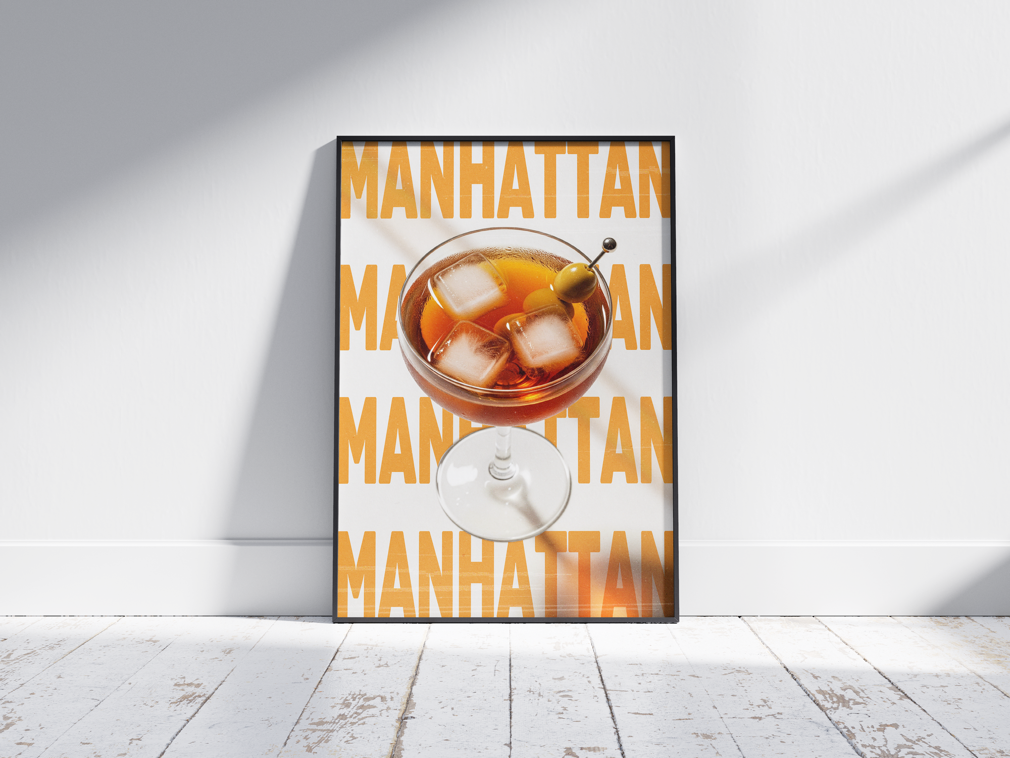 Classic Manhattan cocktail poster featuring elegant typography and a rich drink illustration, printed on semi-gloss sustainable paper. Perfect wall art for living rooms, bar areas, or traditional interiors with a sophisticated and timeless aesthetic.