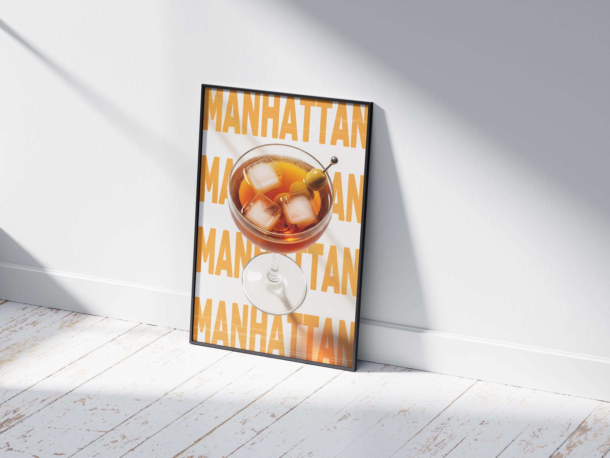 Classic Manhattan cocktail poster featuring elegant typography and a rich drink illustration, printed on semi-gloss sustainable paper. Perfect wall art for living rooms, bar areas, or traditional interiors with a sophisticated and timeless aesthetic.