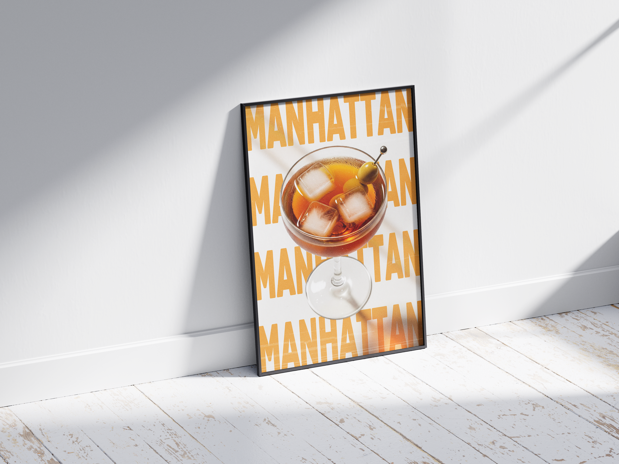 Classic Manhattan cocktail poster featuring elegant typography and a rich drink illustration, printed on semi-gloss sustainable paper. Perfect wall art for living rooms, bar areas, or traditional interiors with a sophisticated and timeless aesthetic.