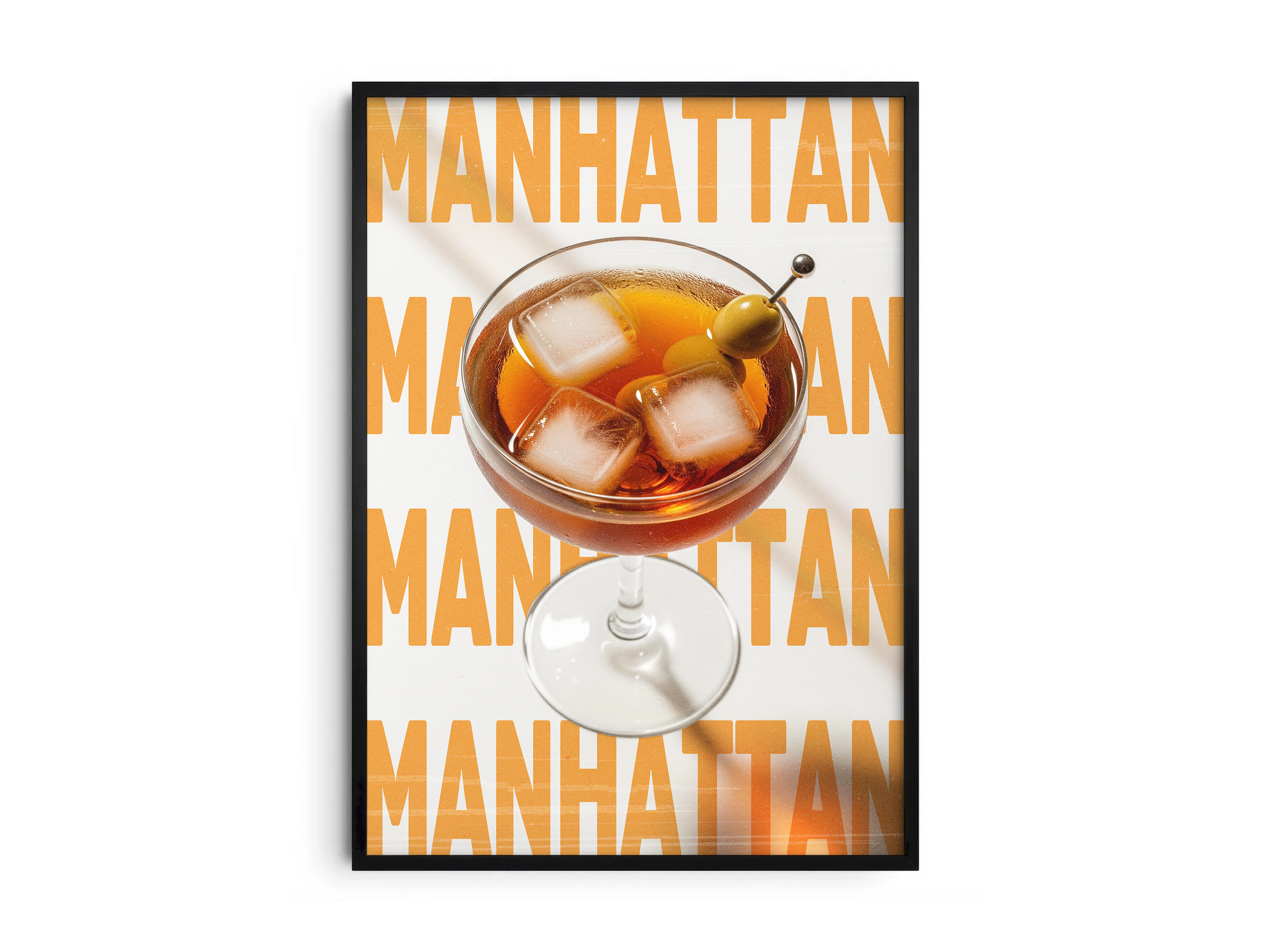 Classic Manhattan cocktail poster featuring elegant typography and a rich drink illustration, printed on semi-gloss sustainable paper. Perfect wall art for living rooms, bar areas, or traditional interiors with a sophisticated and timeless aesthetic.