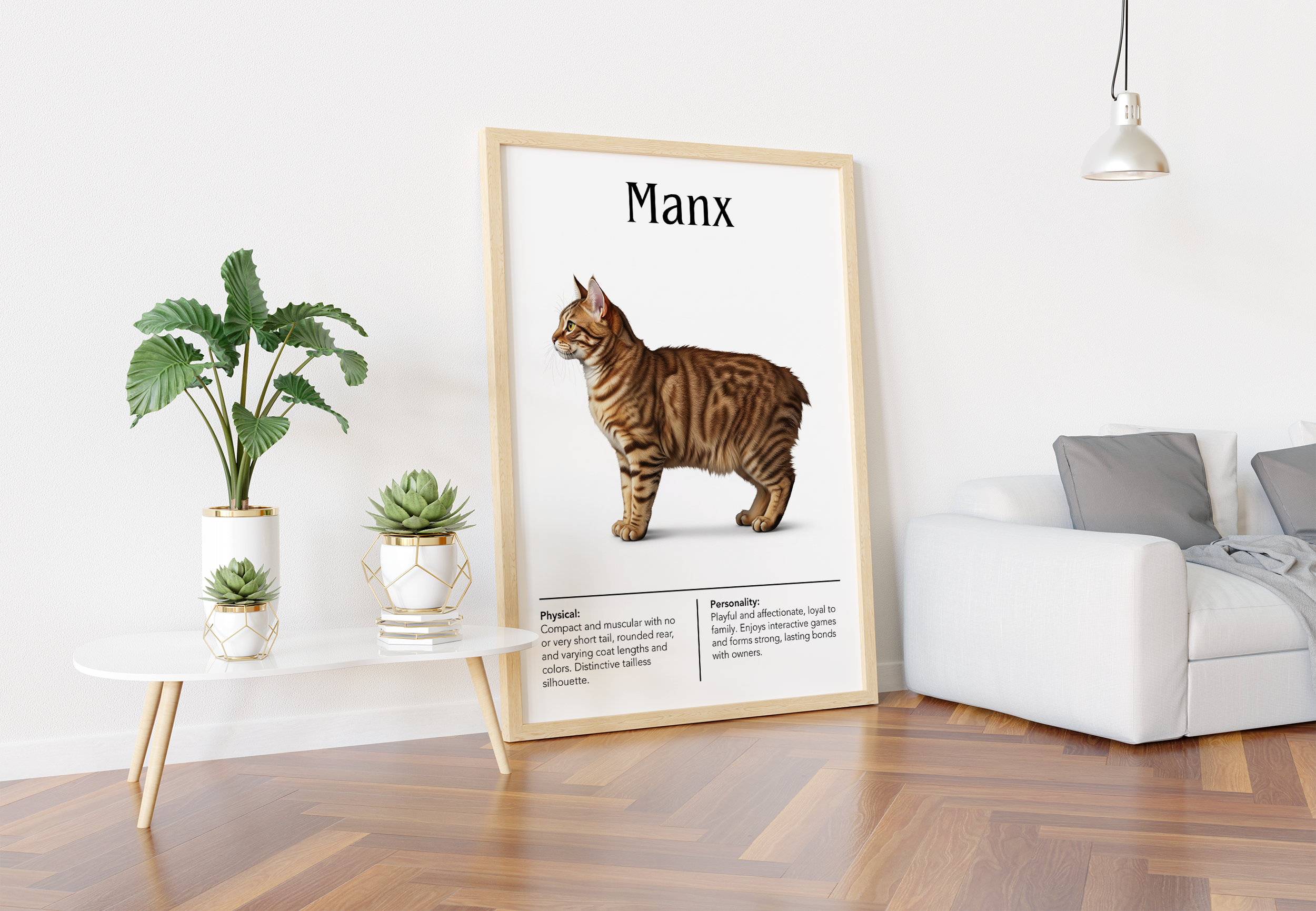 A light wood-framed poster of a striped Manx cat with a rounded rear, standing on a wooden floor next to a white side table with potted succulent plants.