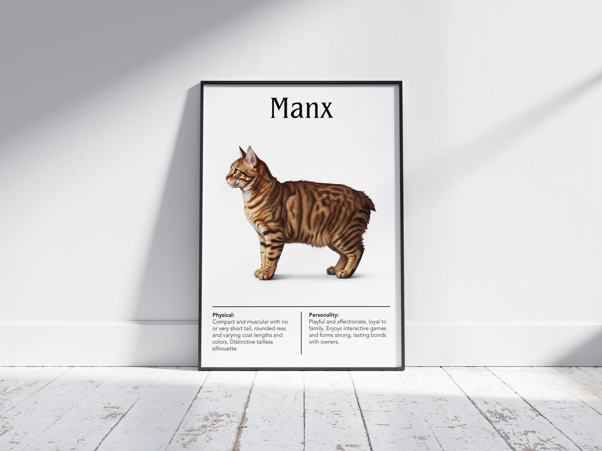 Charming Manx cat breed poster featuring a detailed illustration of the tailless cat with its distinctive hind legs, printed on semi-gloss sustainable paper. Perfect wall art for playful living rooms, children's rooms, or cozy interiors with a unique and affectionate aesthetic.