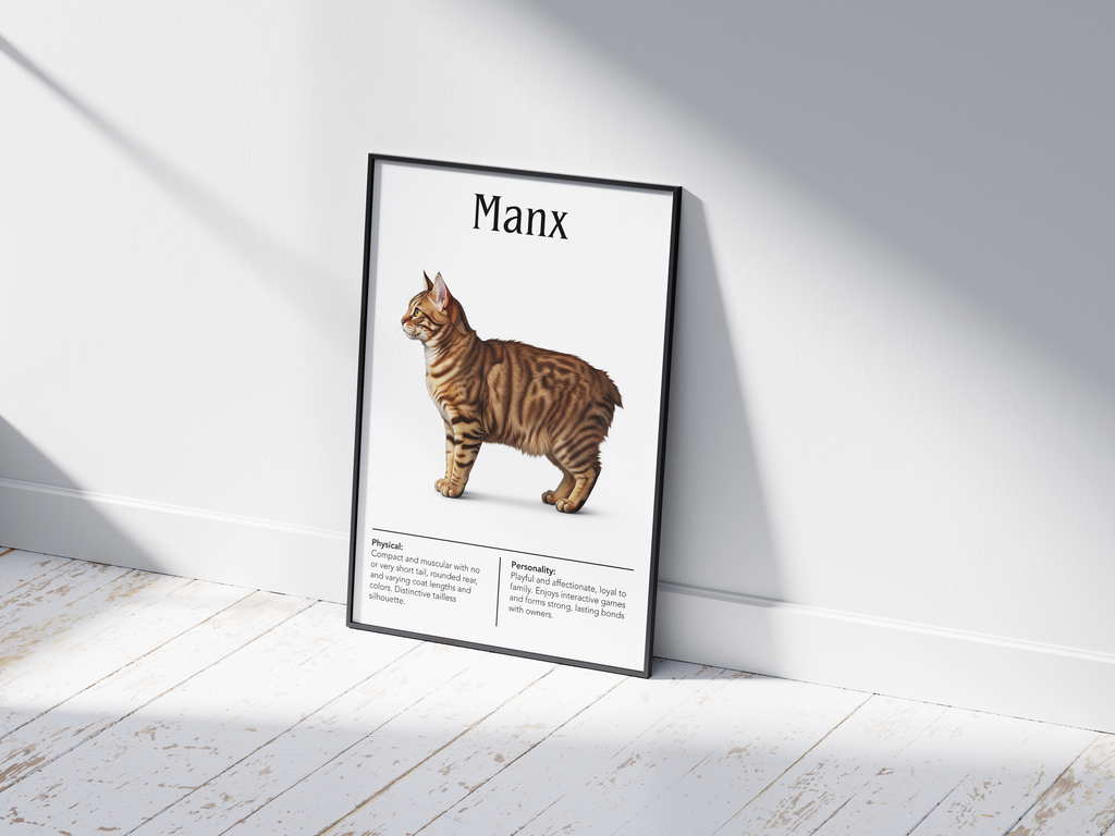 Charming Manx cat breed poster featuring a detailed illustration of the tailless cat with its distinctive hind legs, printed on semi-gloss sustainable paper. Perfect wall art for playful living rooms, children's rooms, or cozy interiors with a unique and affectionate aesthetic.